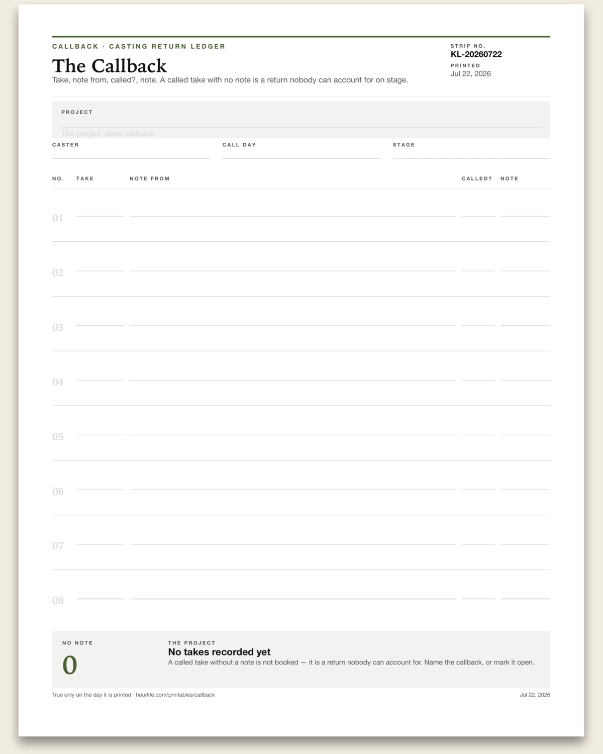The Callback blank layout preview