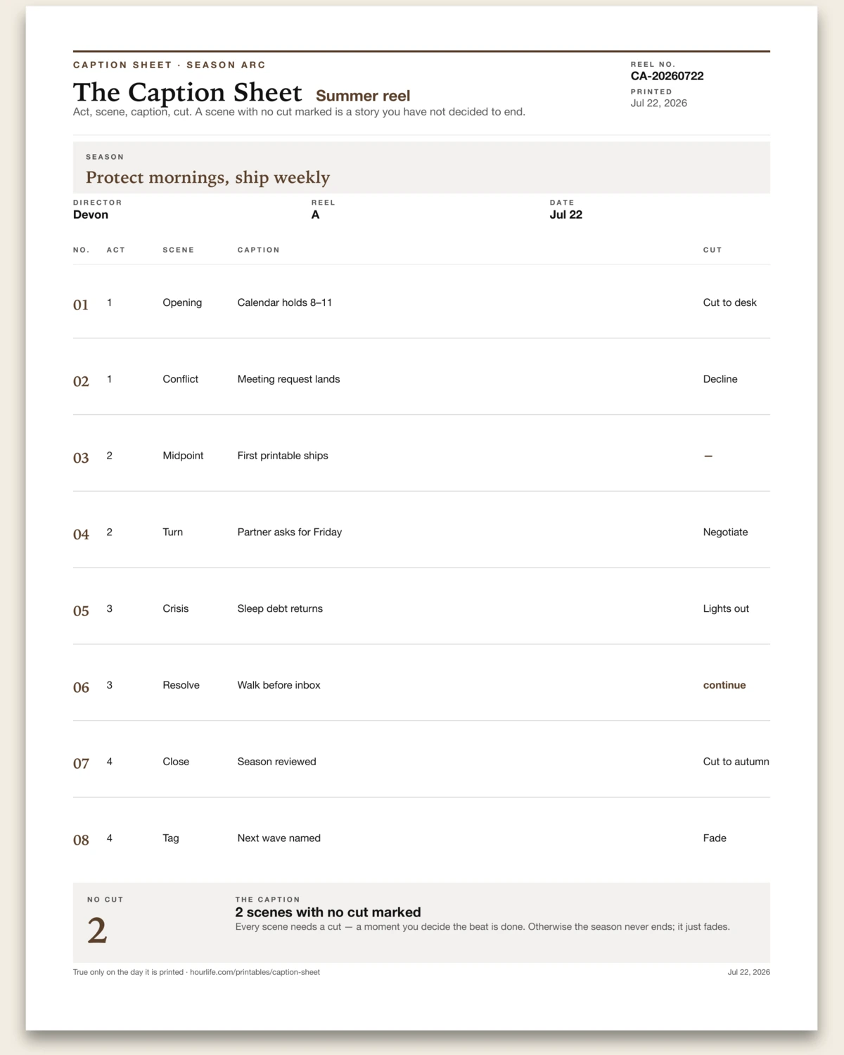 The Caption Sheet filled example preview