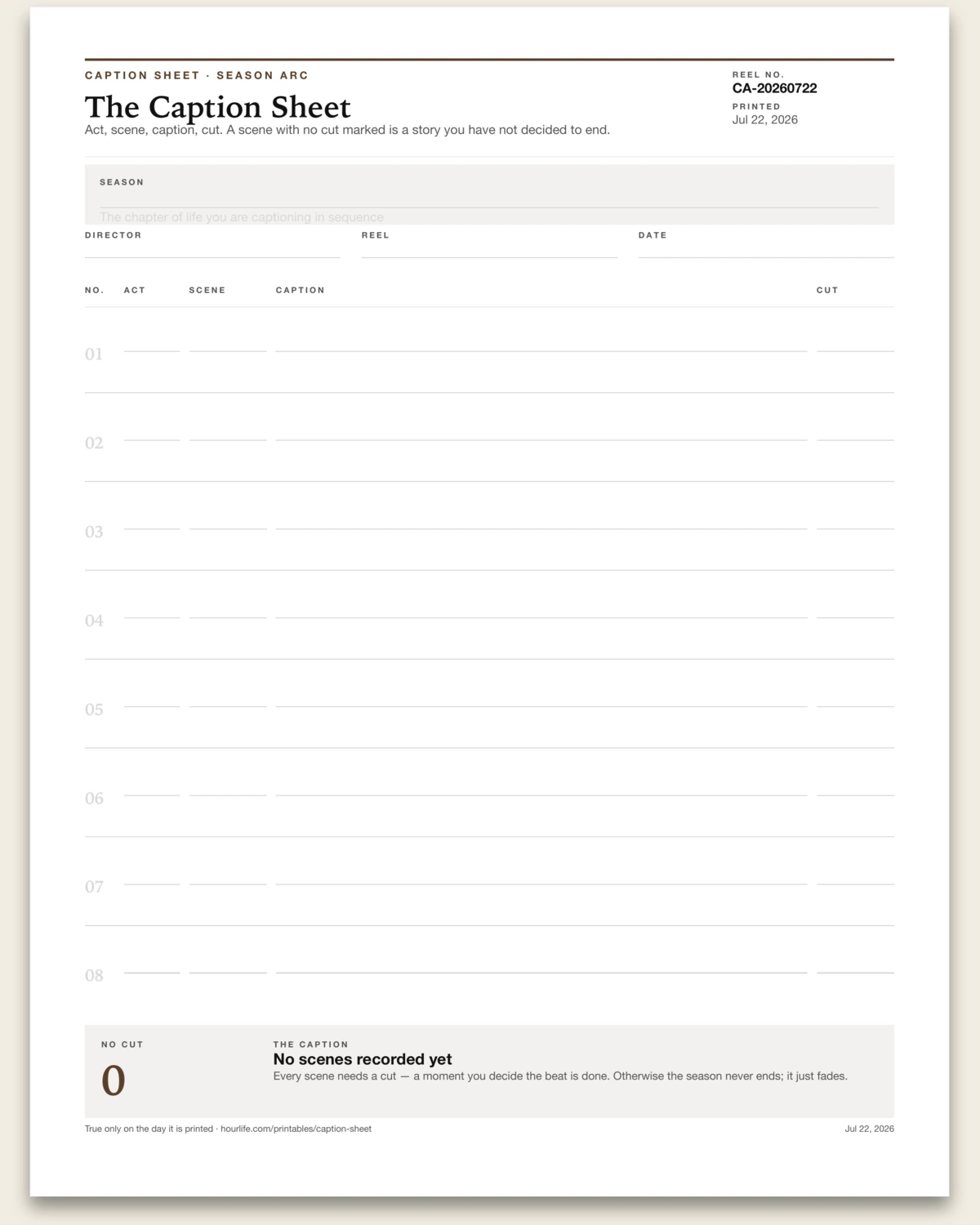 The Caption Sheet blank layout preview