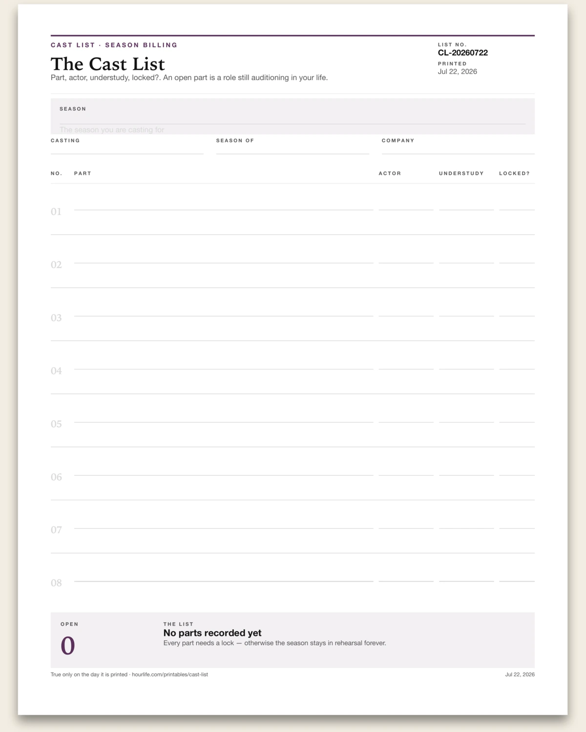 The Cast List blank layout preview