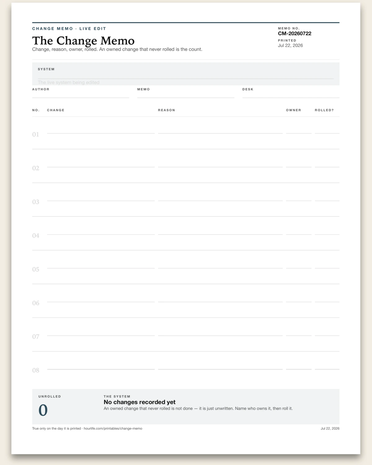 The Change Memo blank layout preview