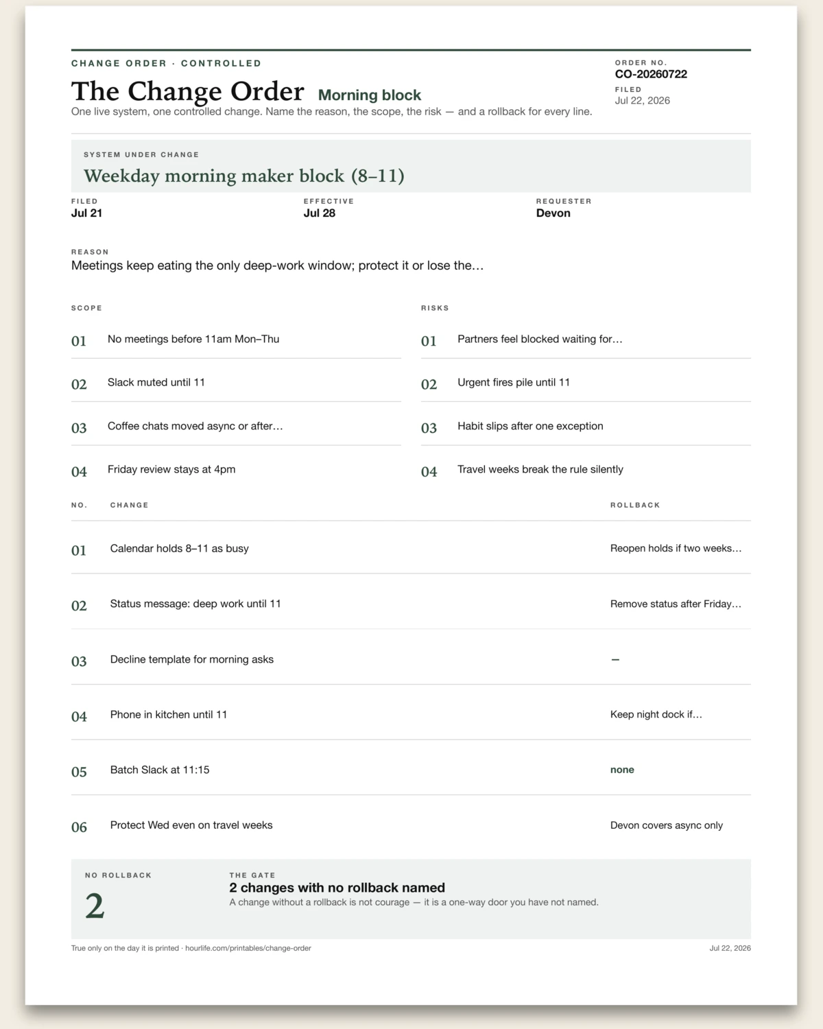 The Change Order filled example preview