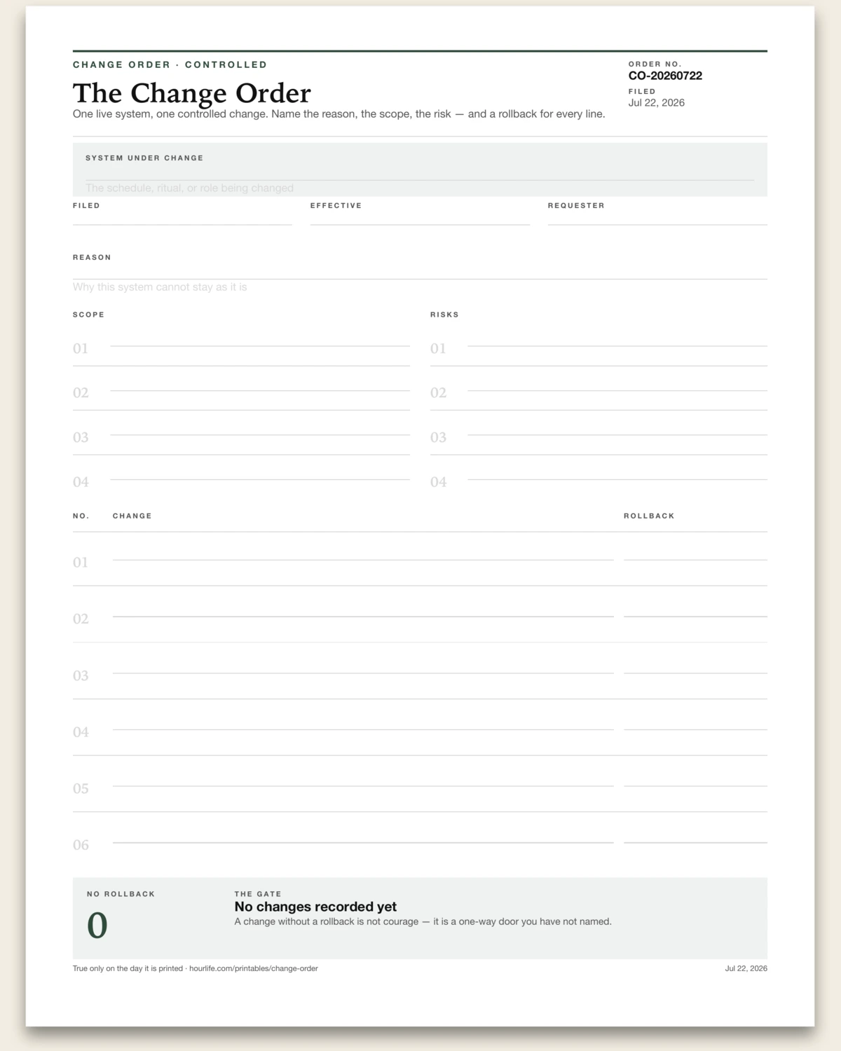 The Change Order blank layout preview