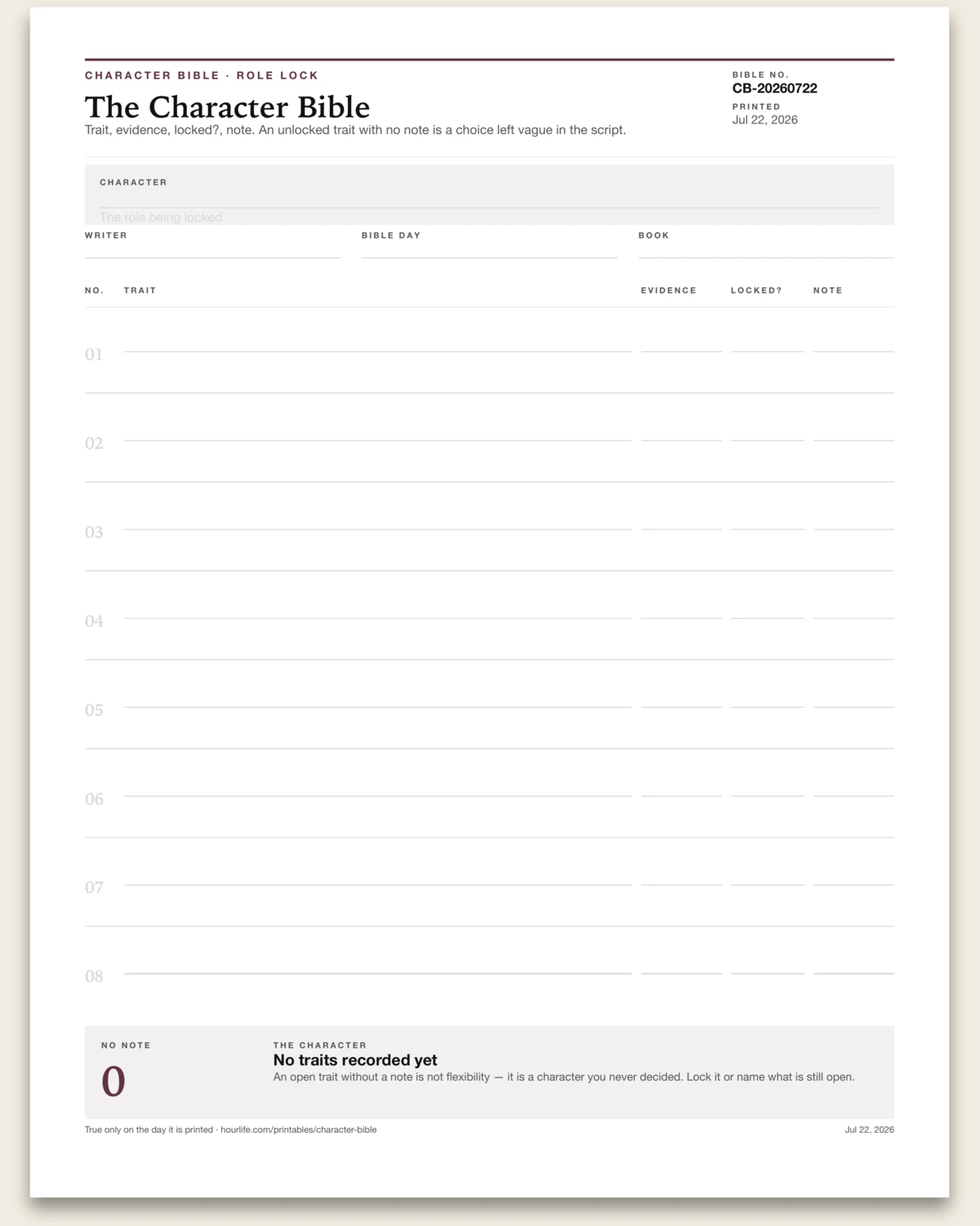 The Character Bible blank layout preview