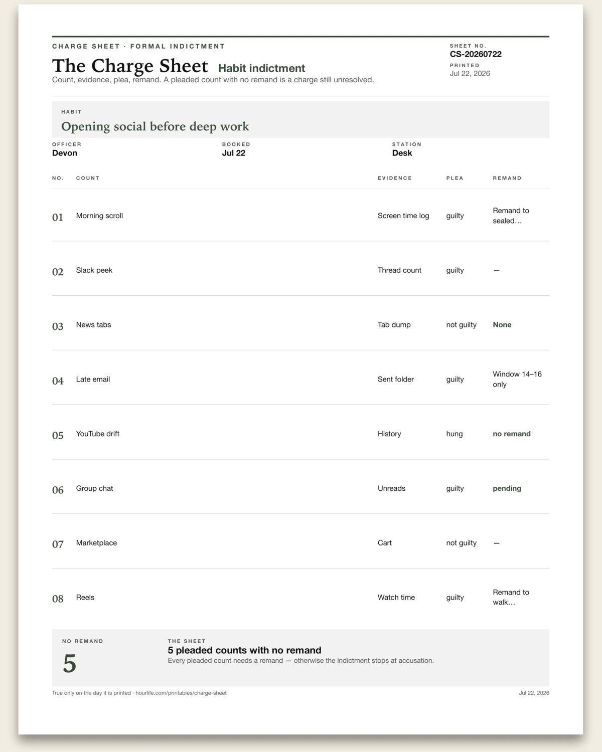 The Charge Sheet filled example preview