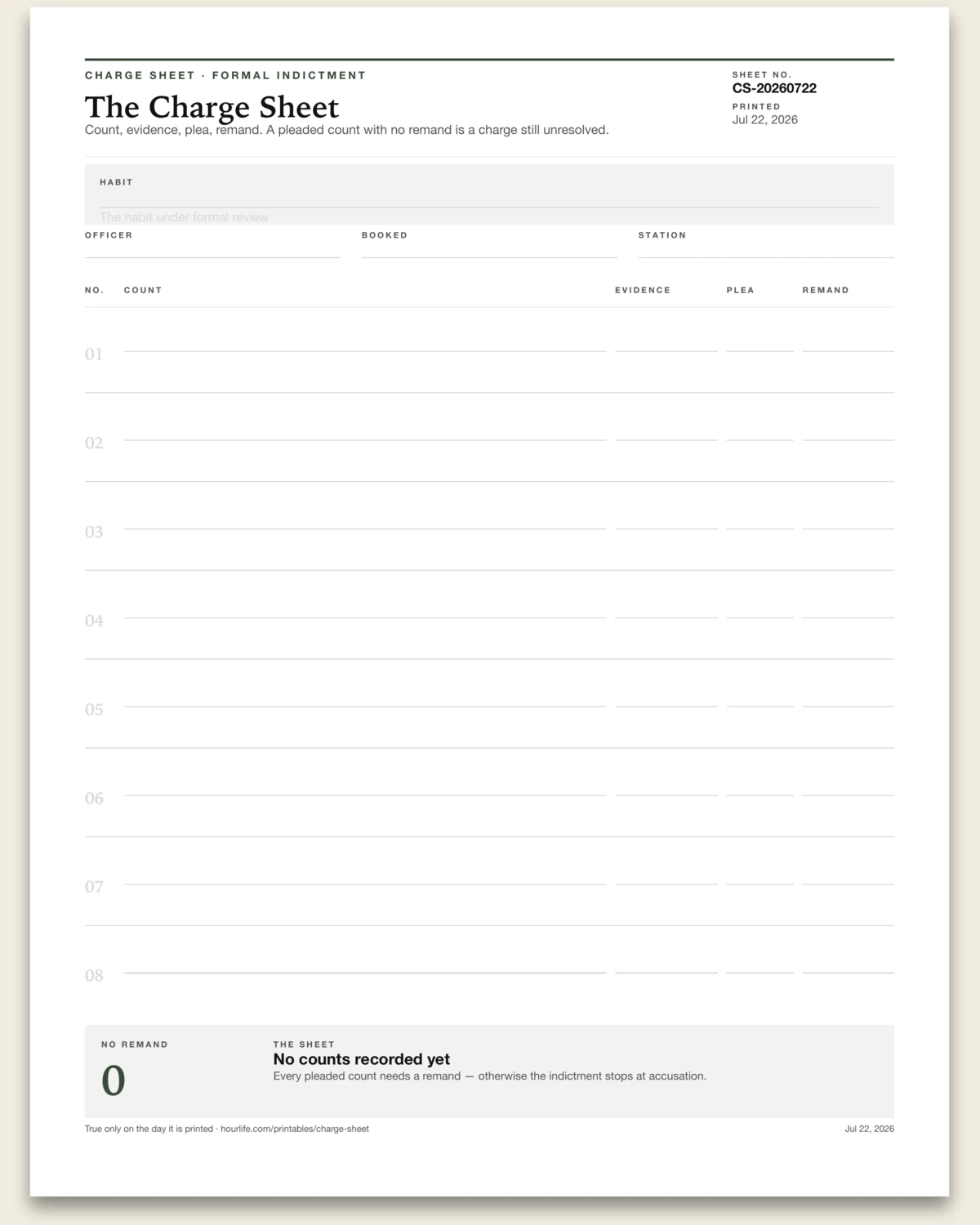 The Charge Sheet blank layout preview