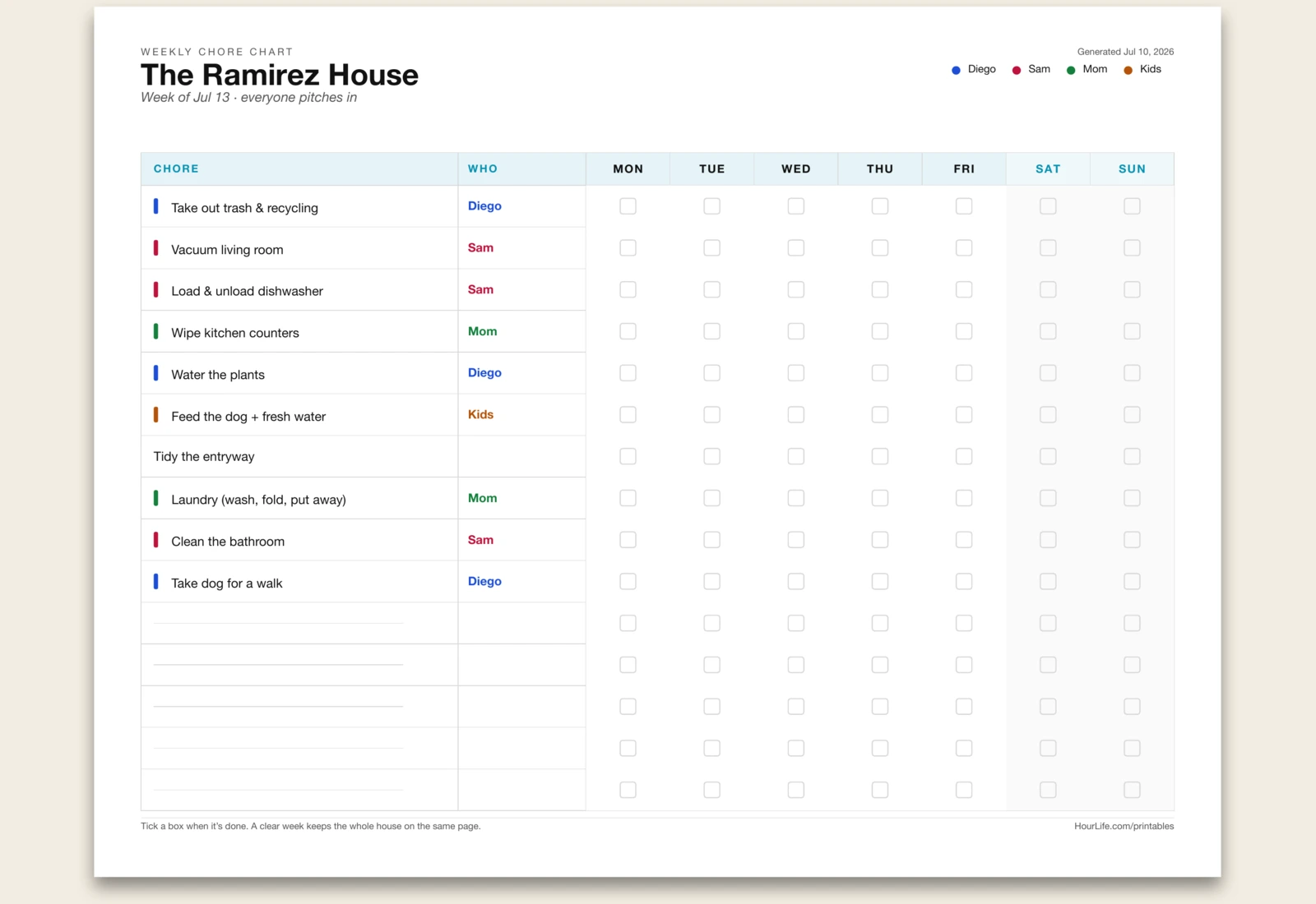 Weekly Chore Chart filled example preview