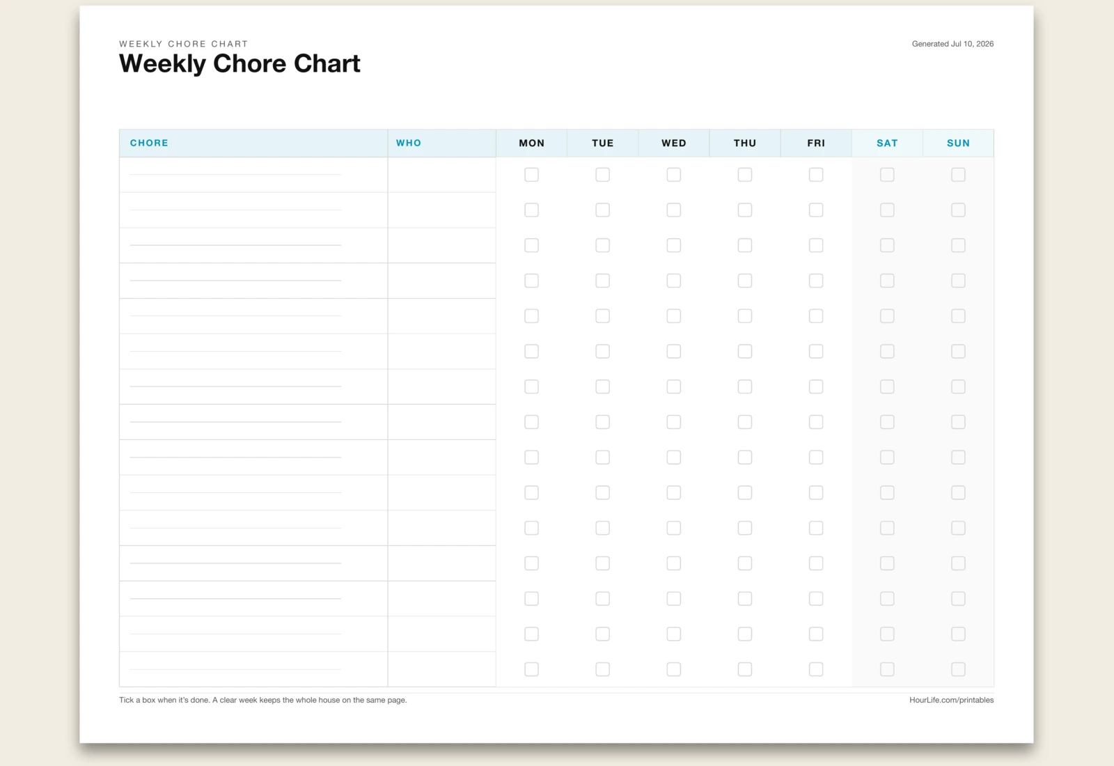 Weekly Chore Chart blank layout preview