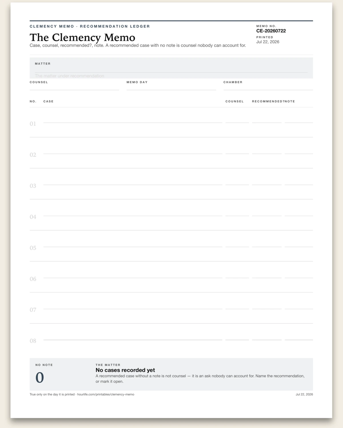 The Clemency Memo blank layout preview