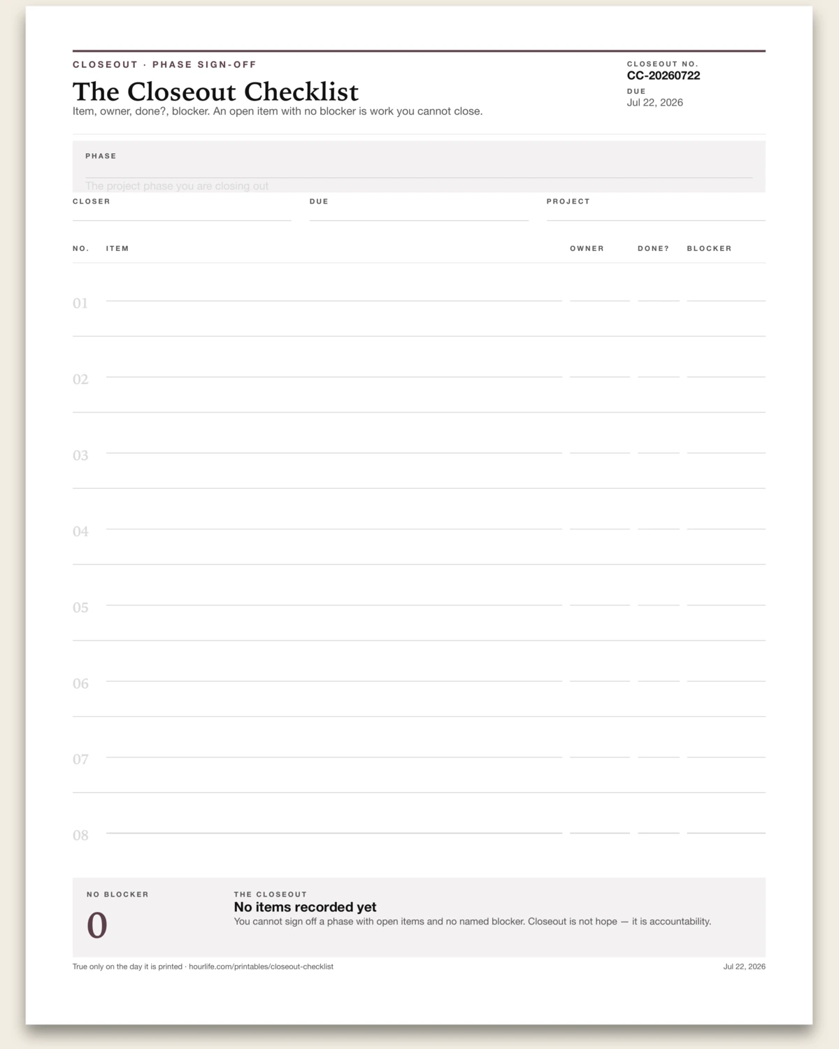 The Closeout Checklist blank layout preview