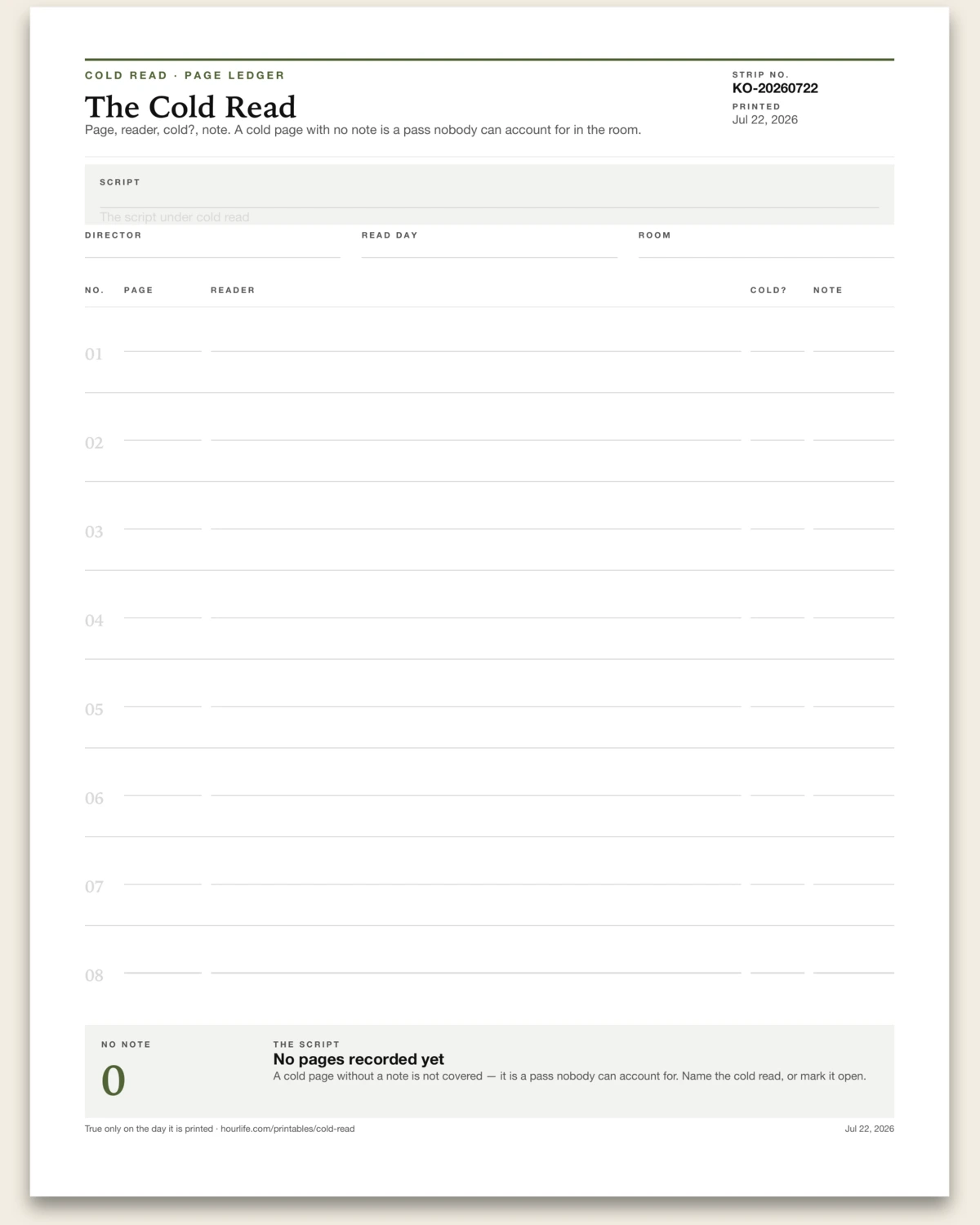 The Cold Read blank layout preview