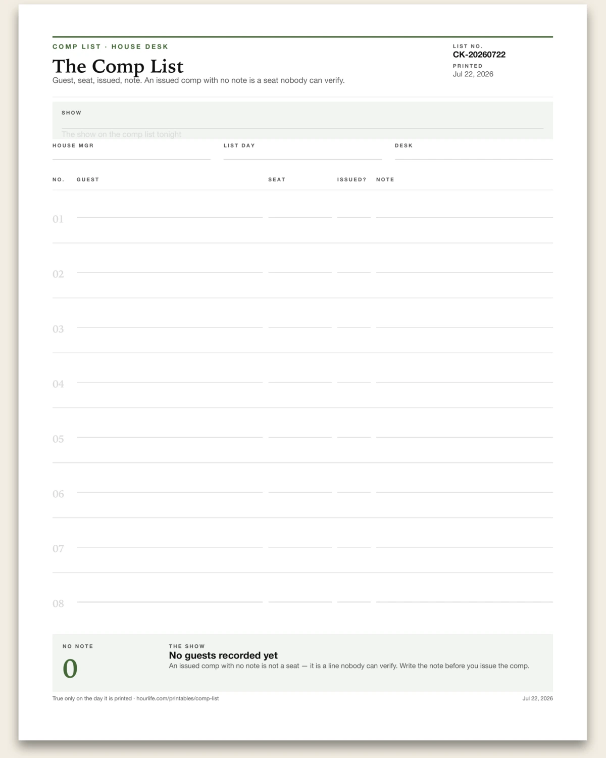 The Comp List blank layout preview