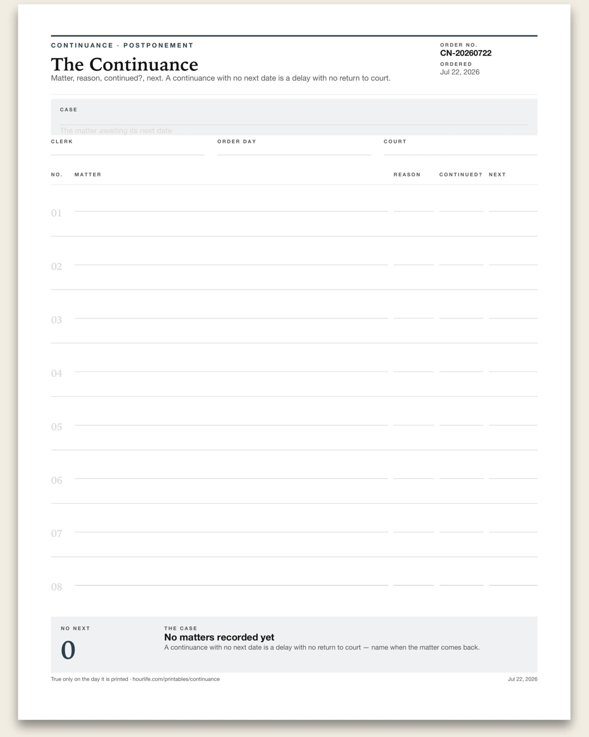 The Continuance blank layout preview
