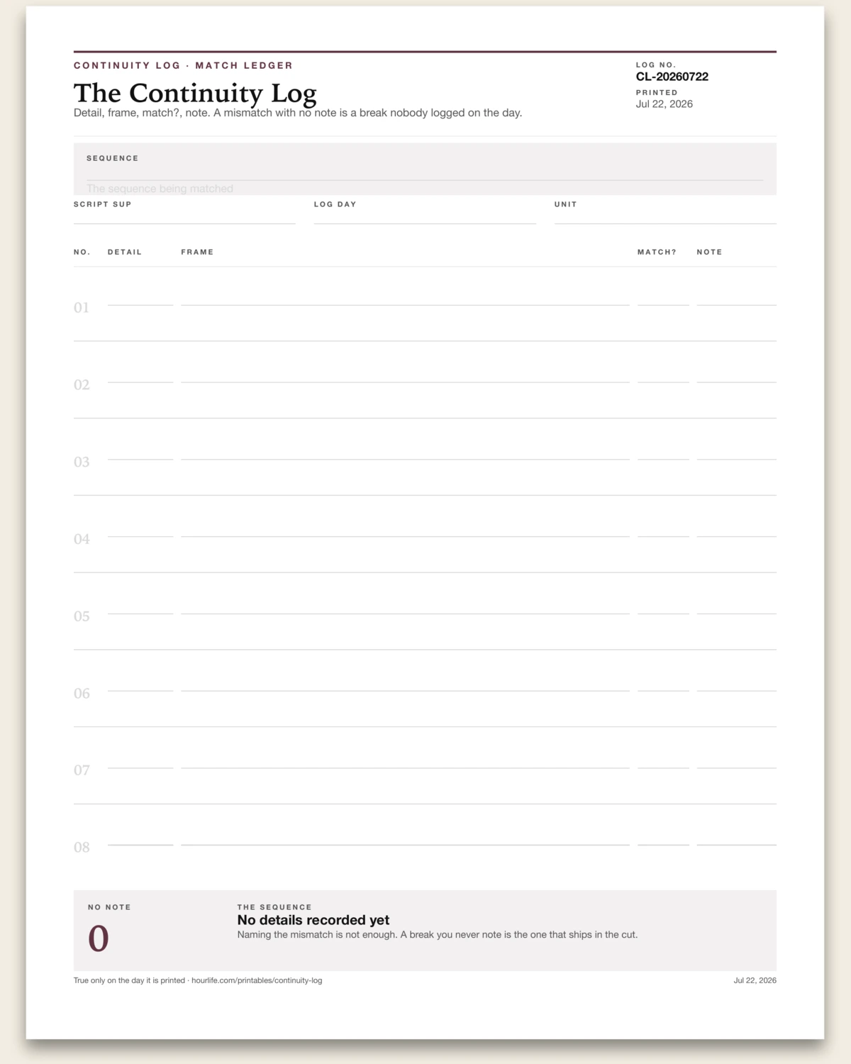 The Continuity Log blank layout preview