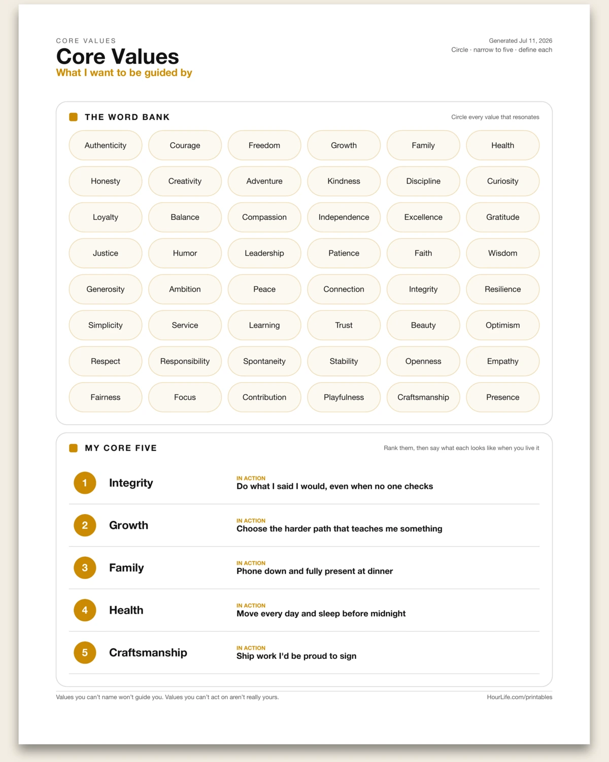 Core Values filled example preview