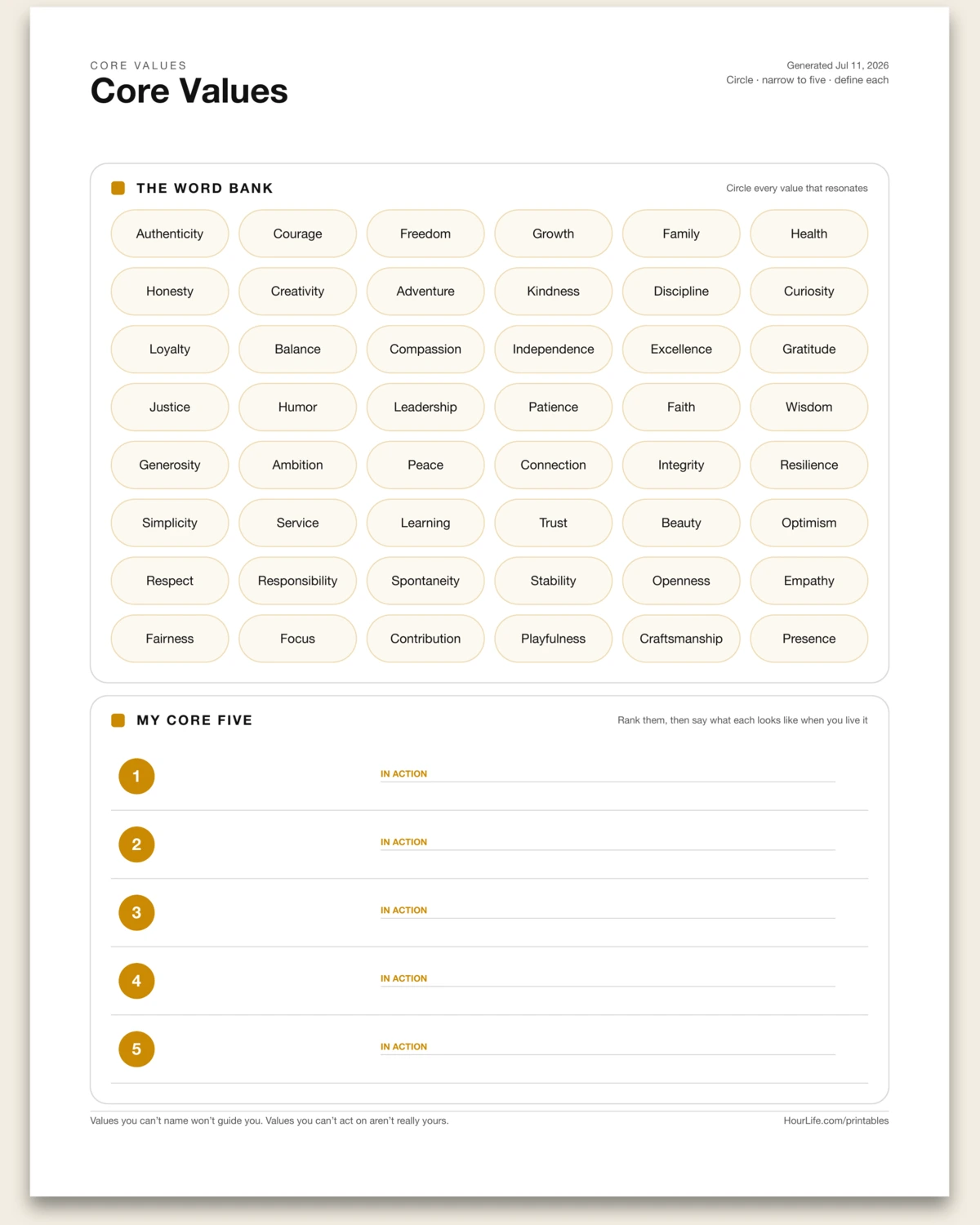 Core Values blank layout preview