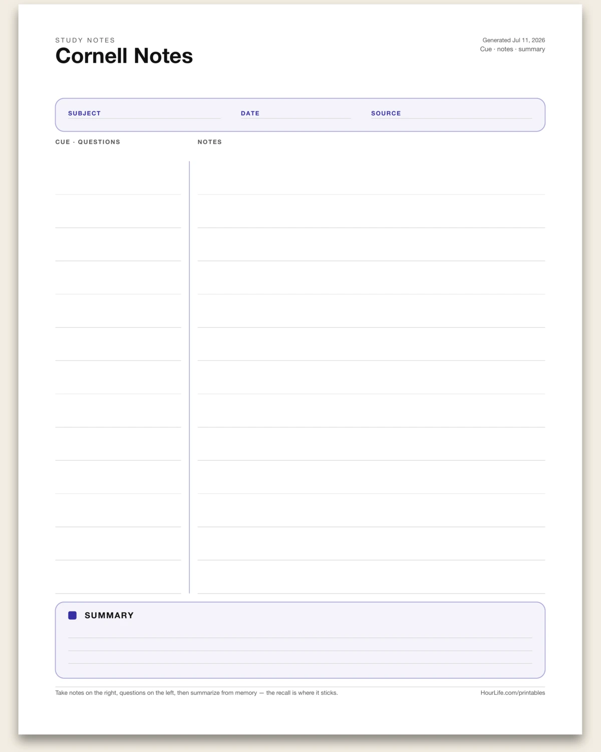 Cornell Notes blank layout preview