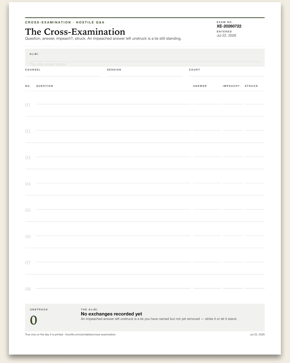 The Cross-Examination blank layout preview