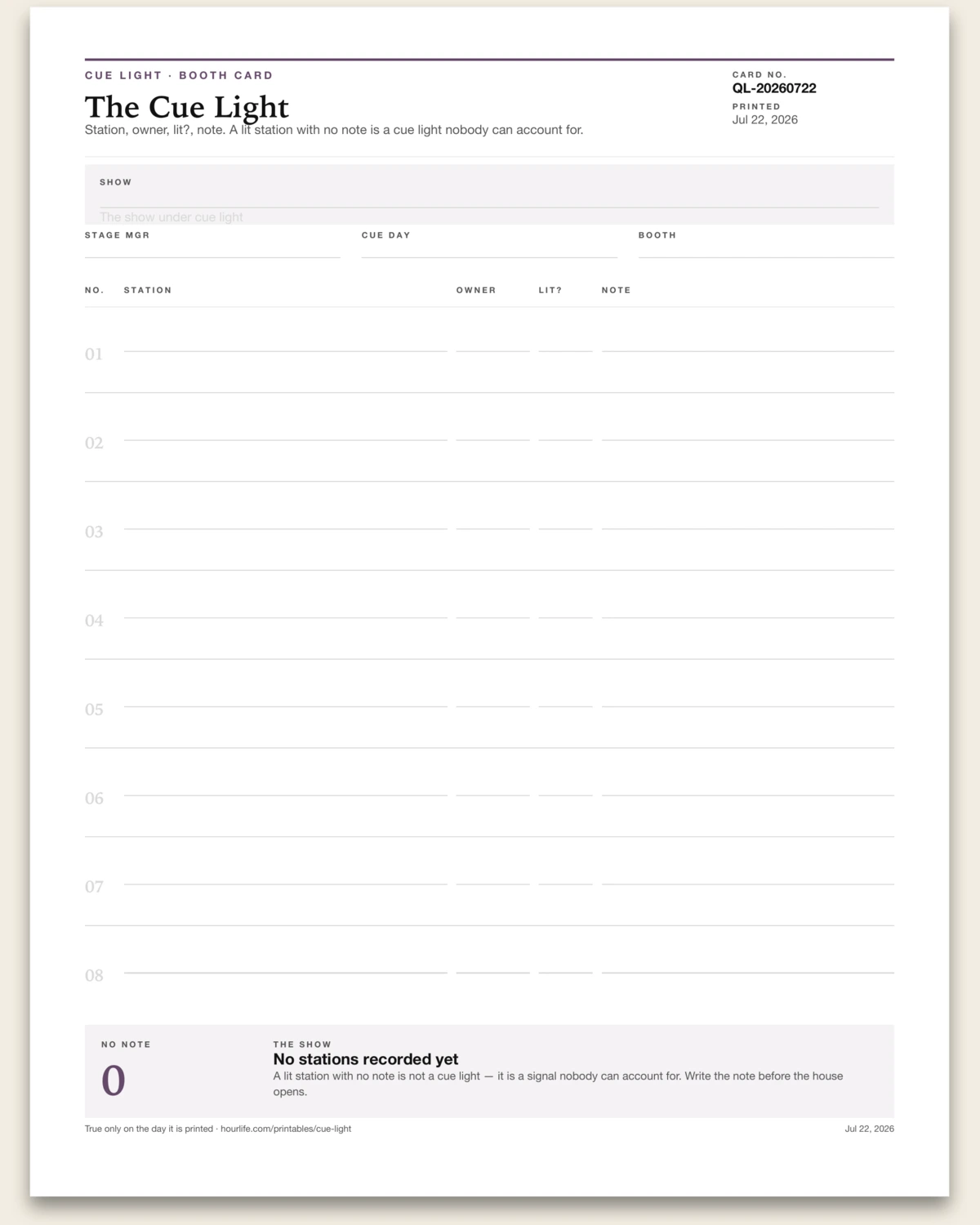 The Cue Light blank layout preview