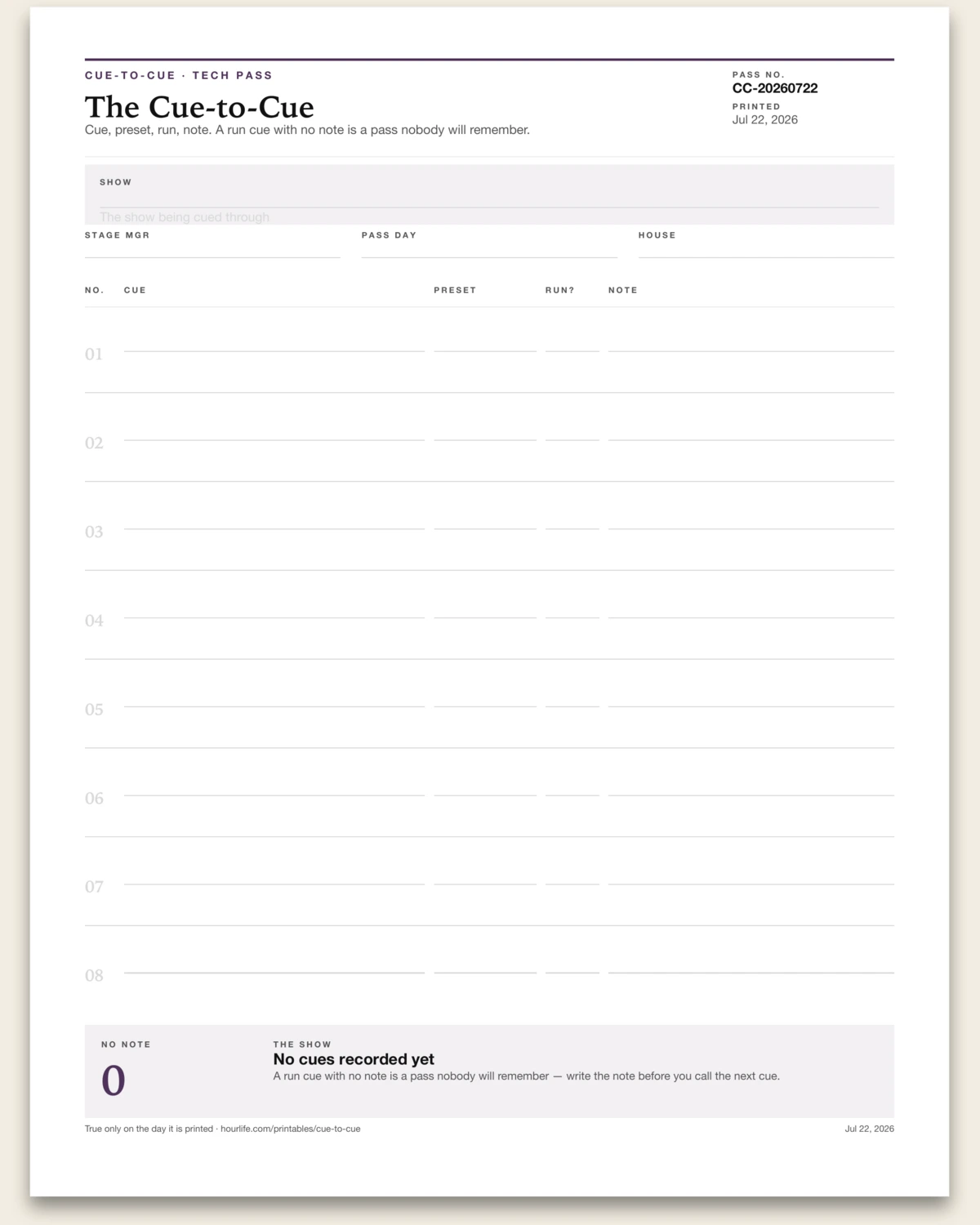 The Cue-to-Cue blank layout preview