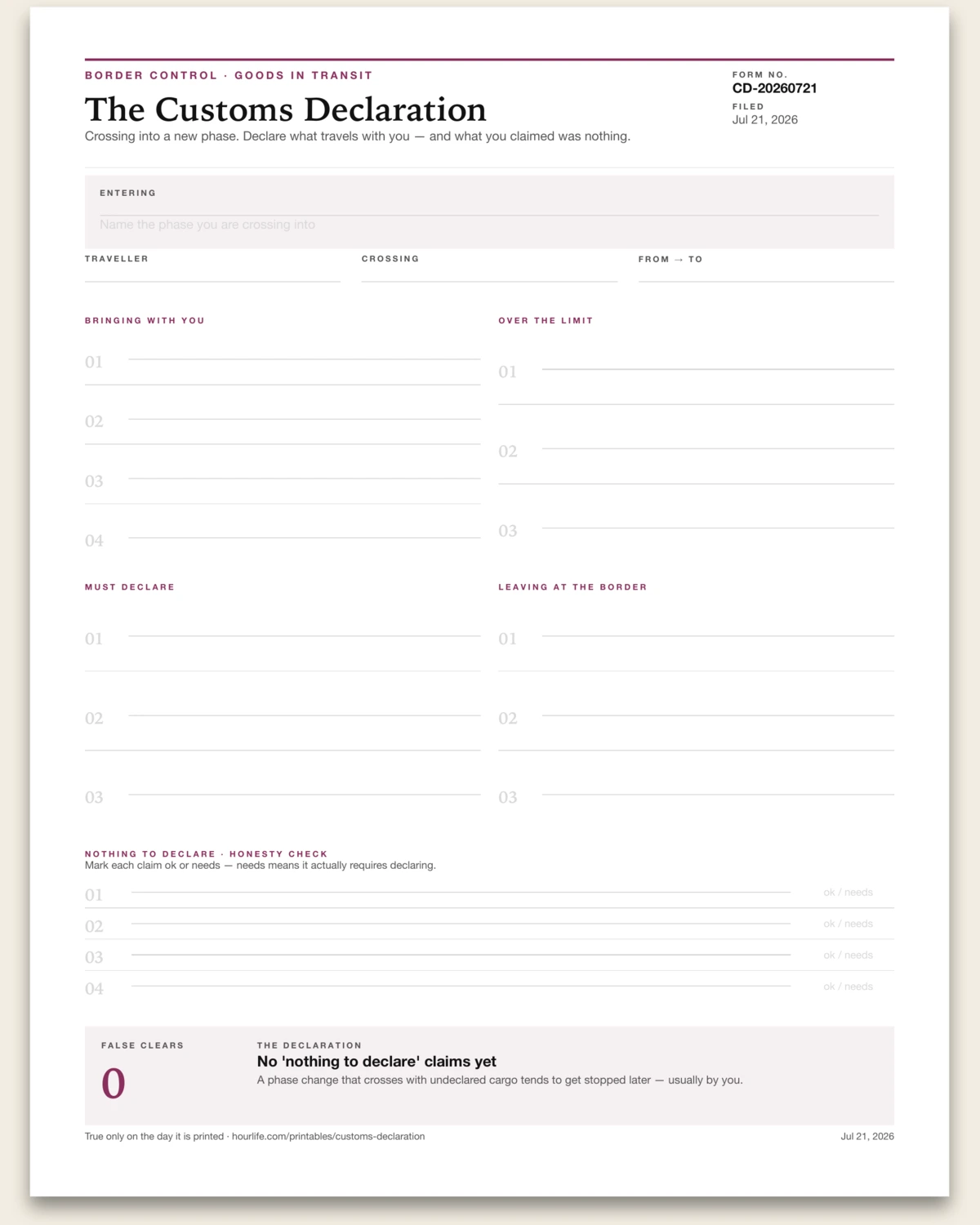 The Customs Declaration blank layout preview