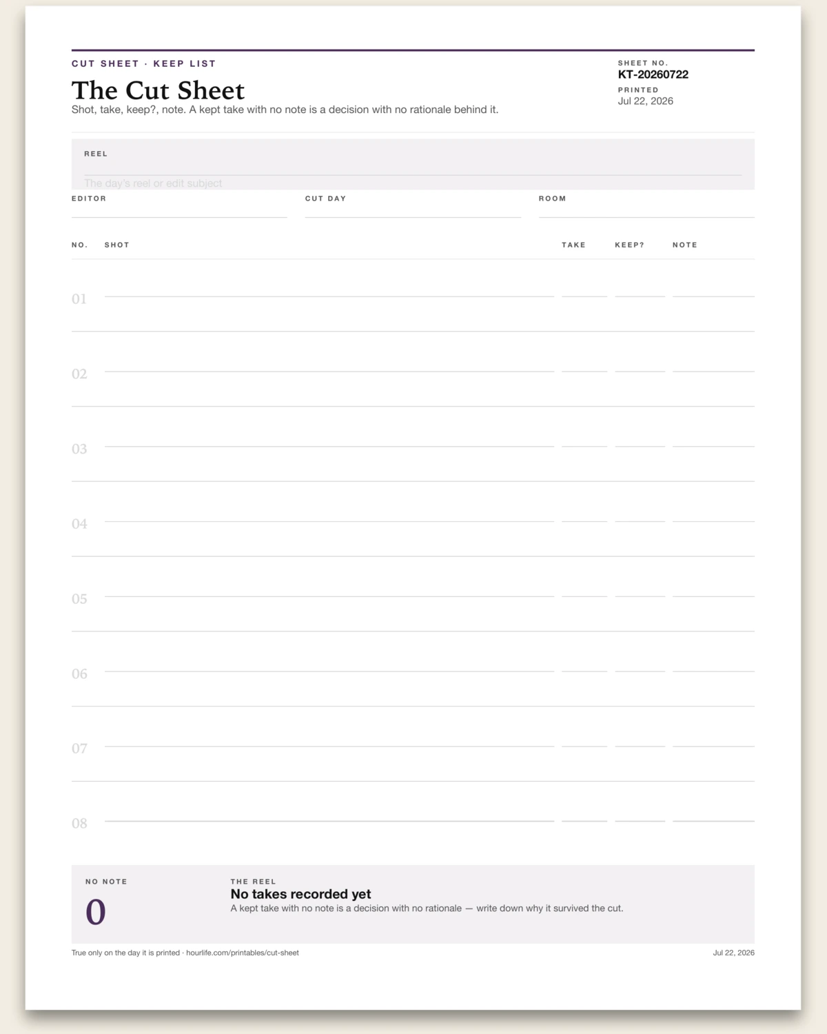 The Cut Sheet blank layout preview