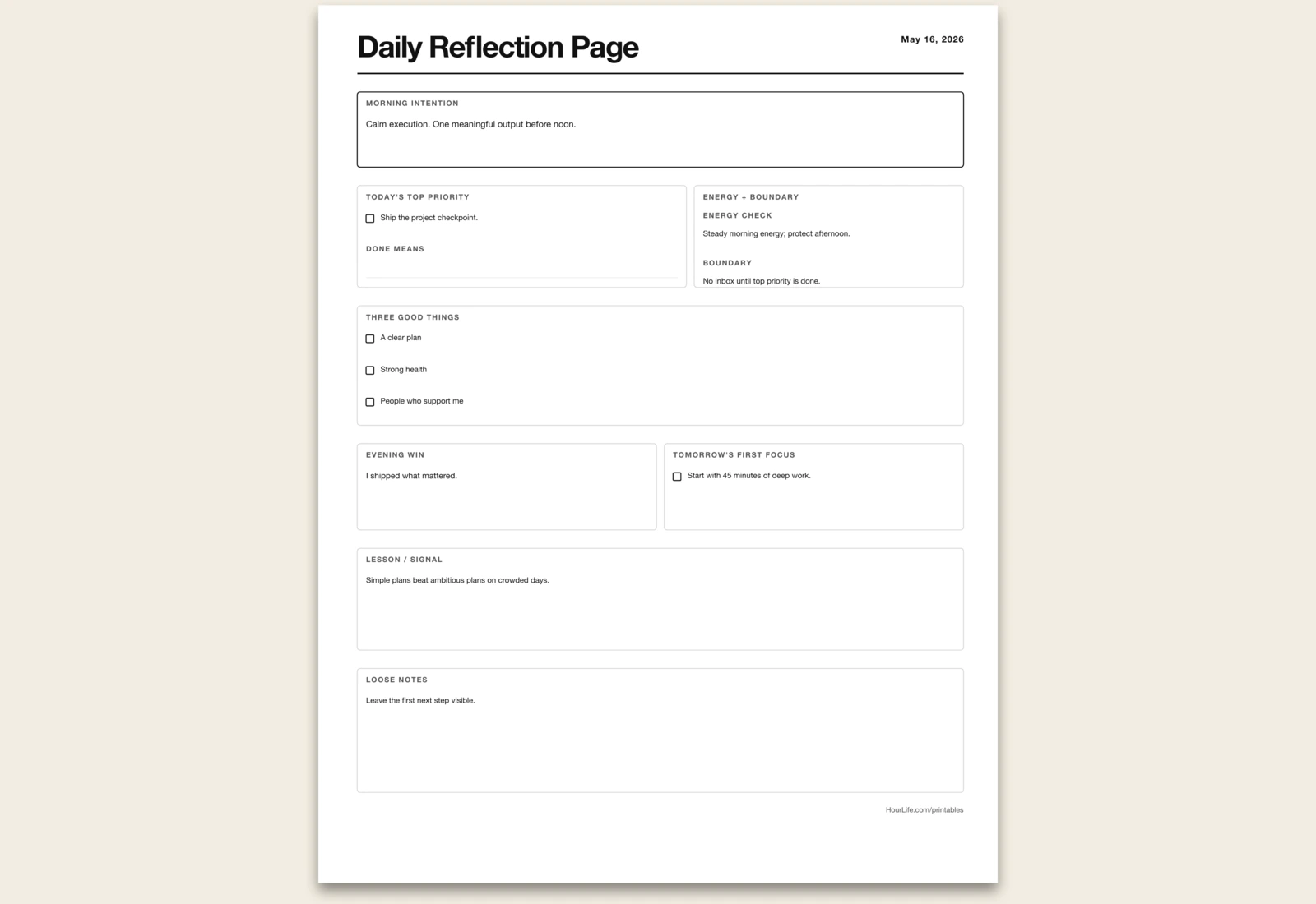 Daily Reflection Page filled example preview
