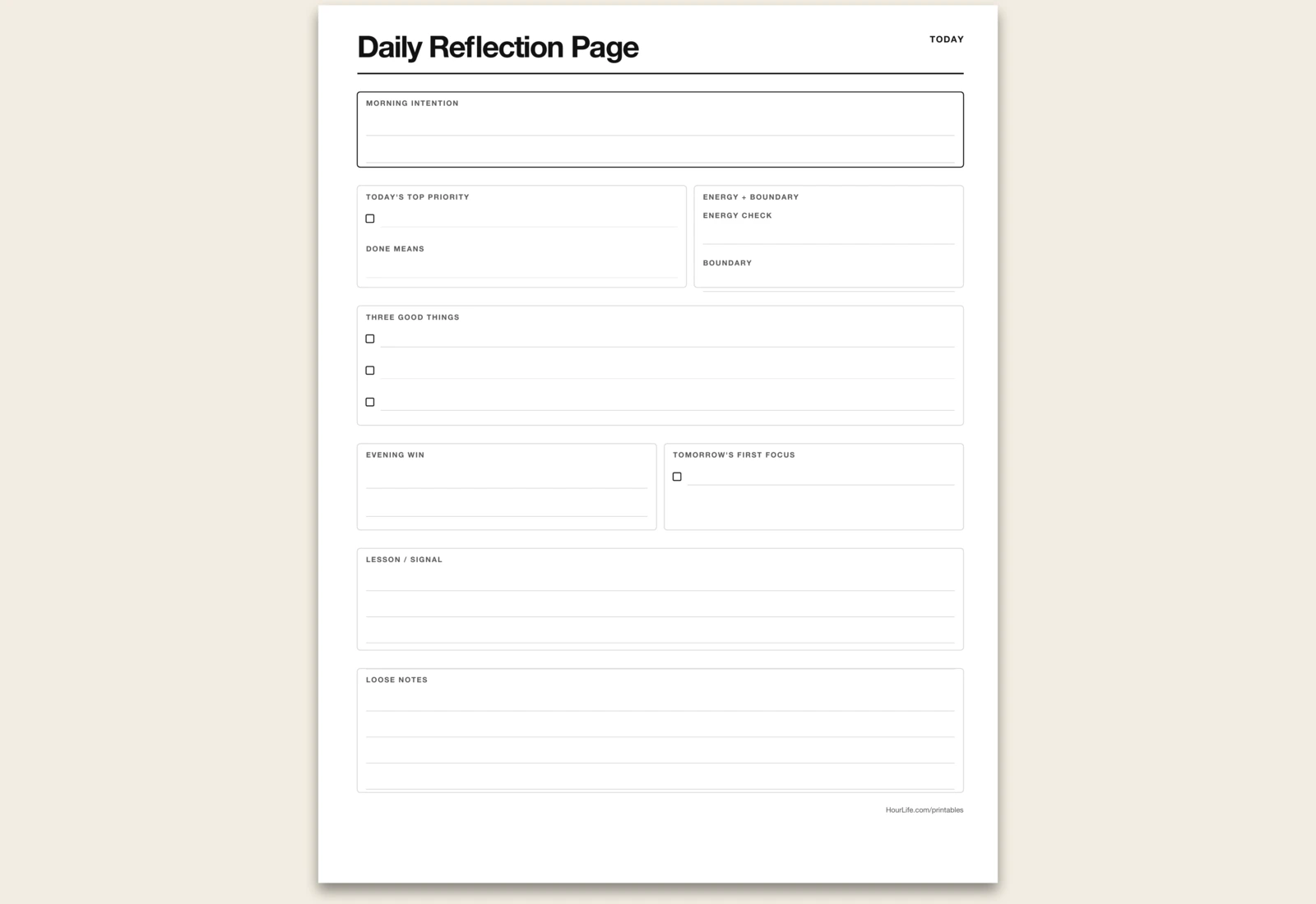 Daily Reflection Page blank layout preview