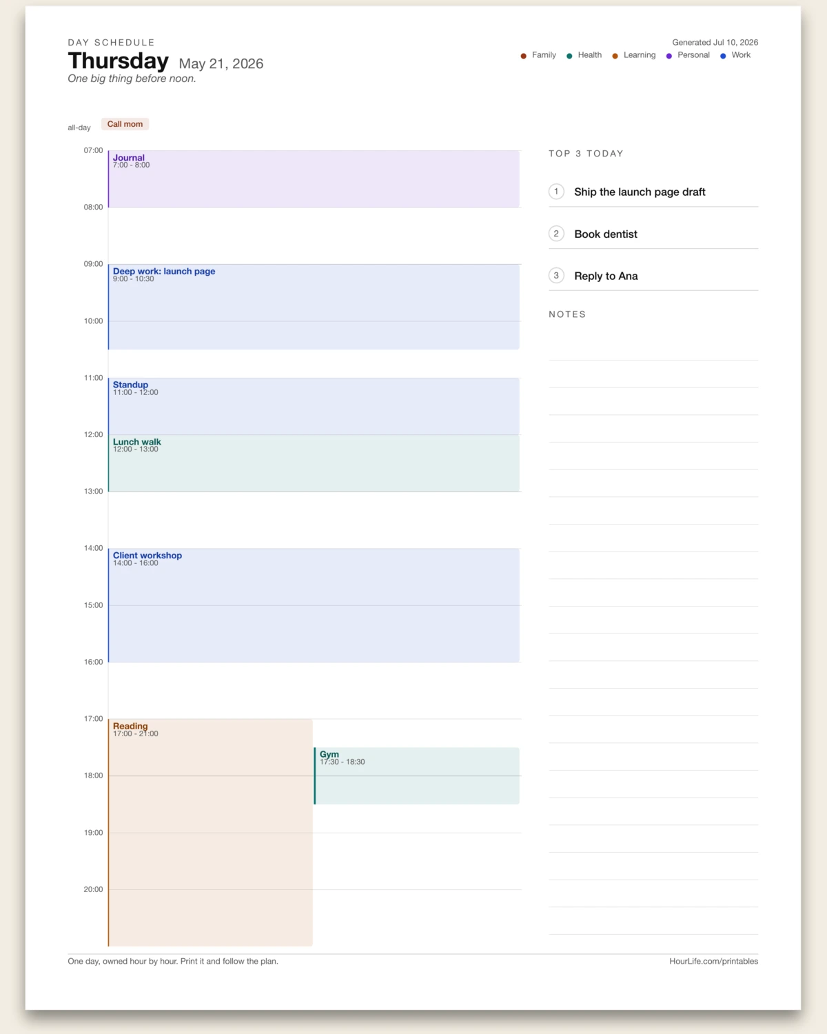 Day Schedule filled example preview