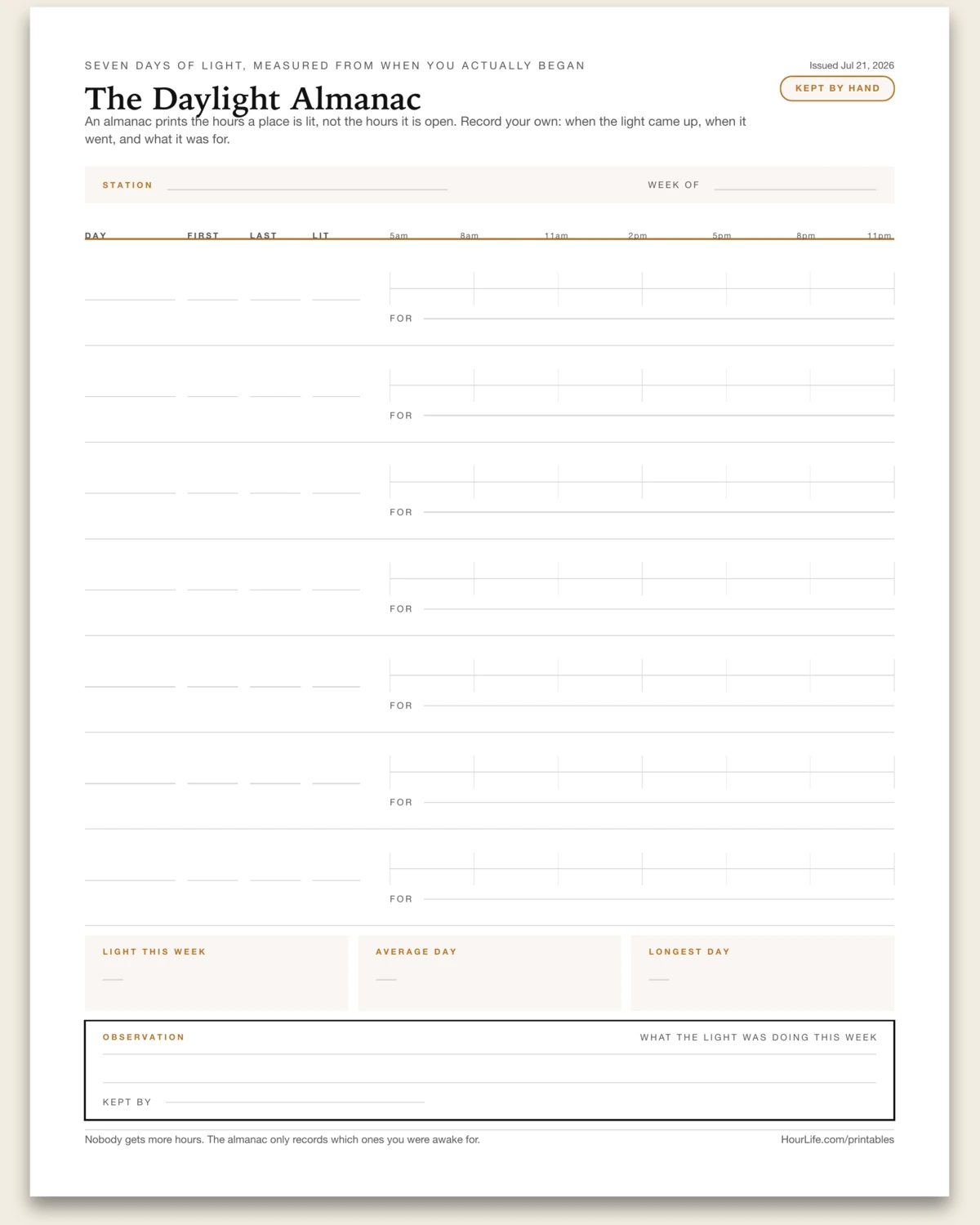 The Daylight Almanac blank layout preview