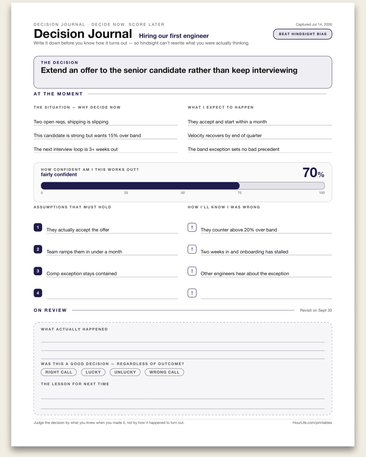 Decision Journal filled example preview