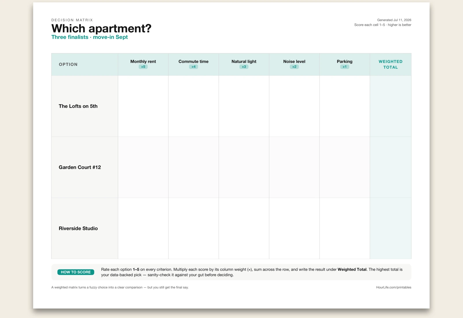 Decision Matrix filled example preview