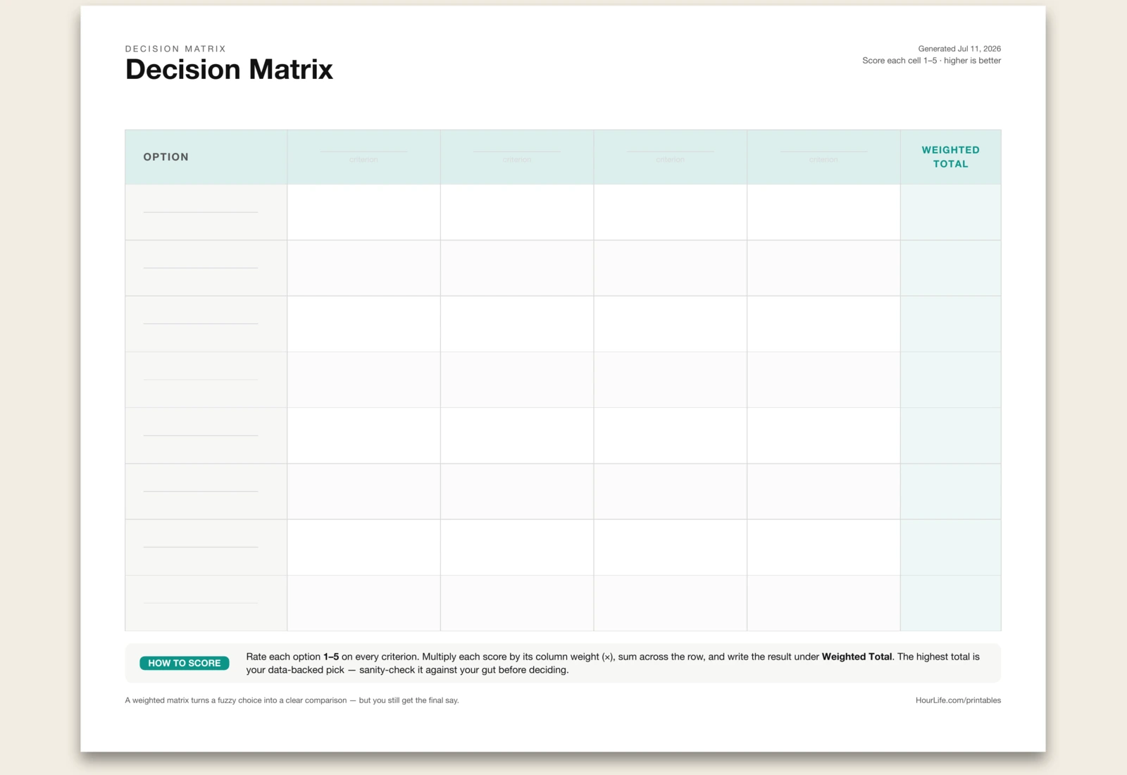 Decision Matrix blank layout preview
