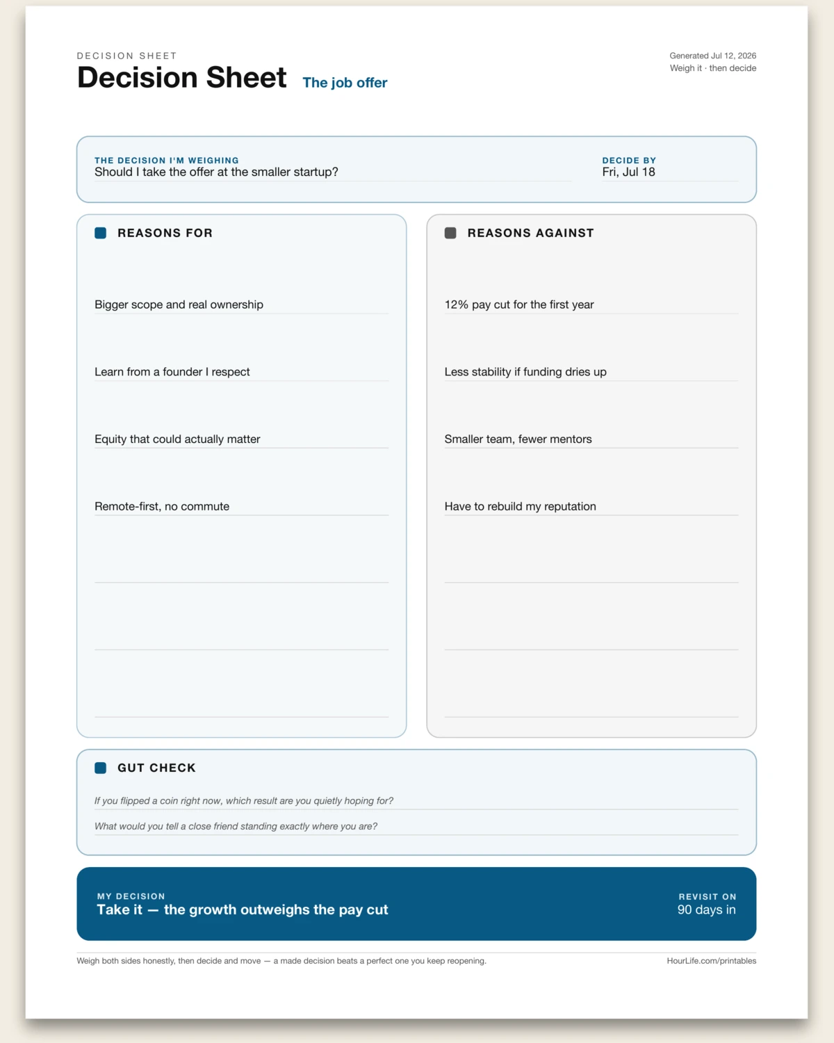 Decision Sheet filled example preview
