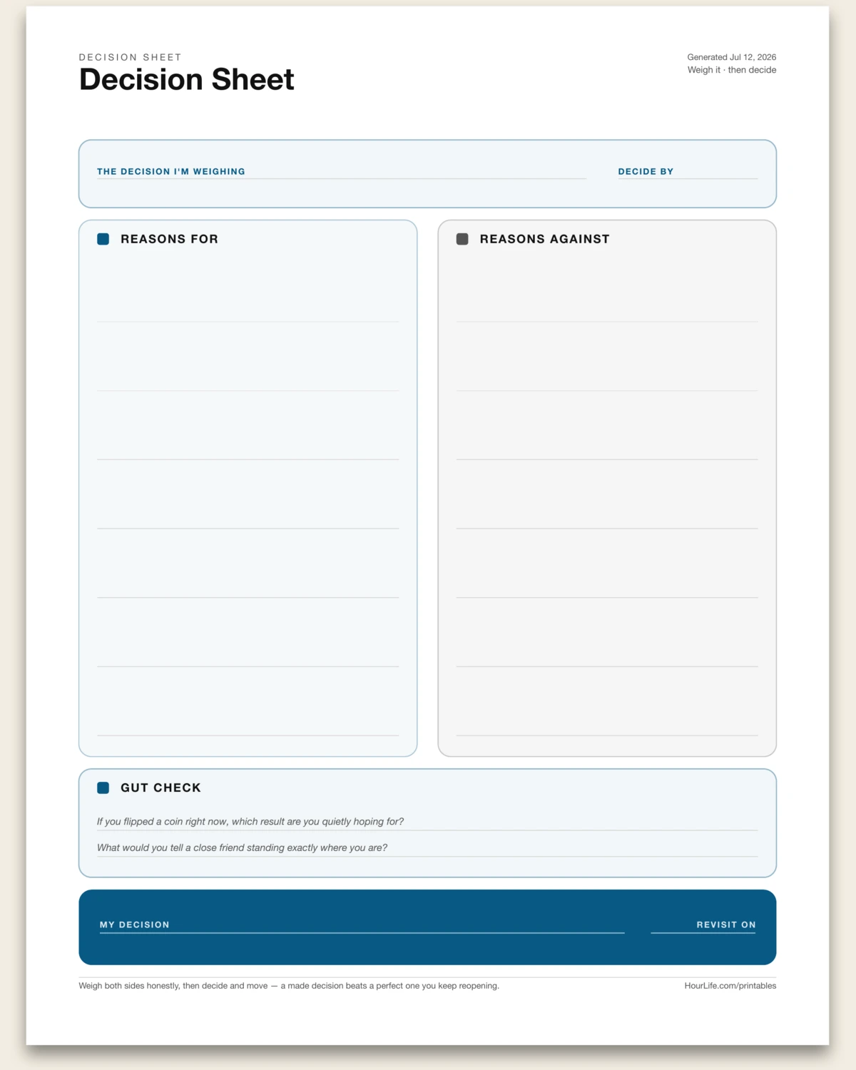 Decision Sheet blank layout preview