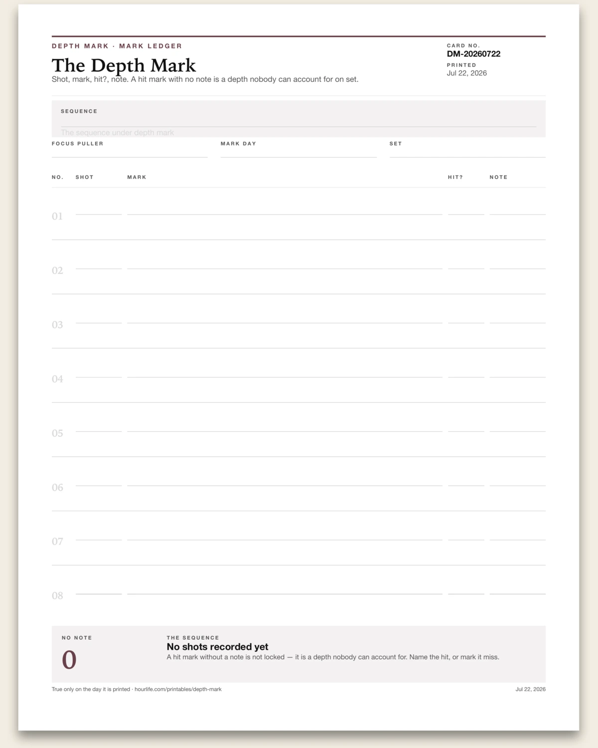 The Depth Mark blank layout preview