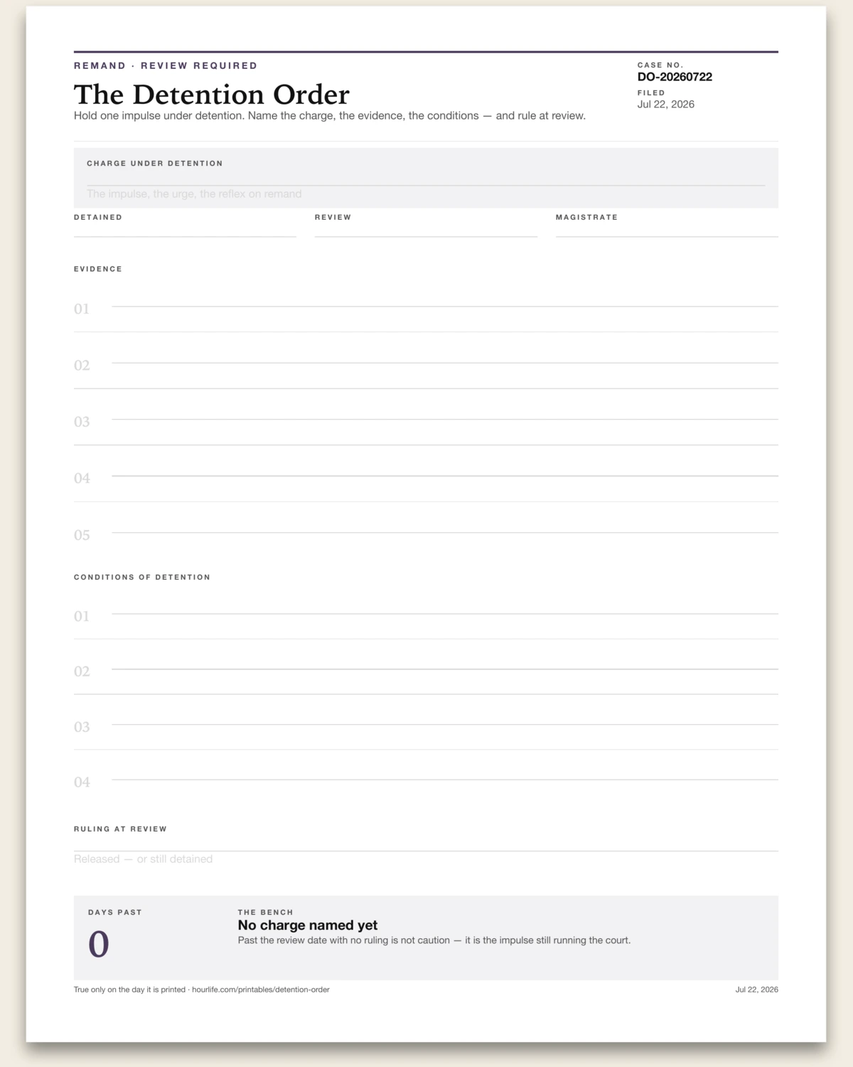 The Detention Order blank layout preview