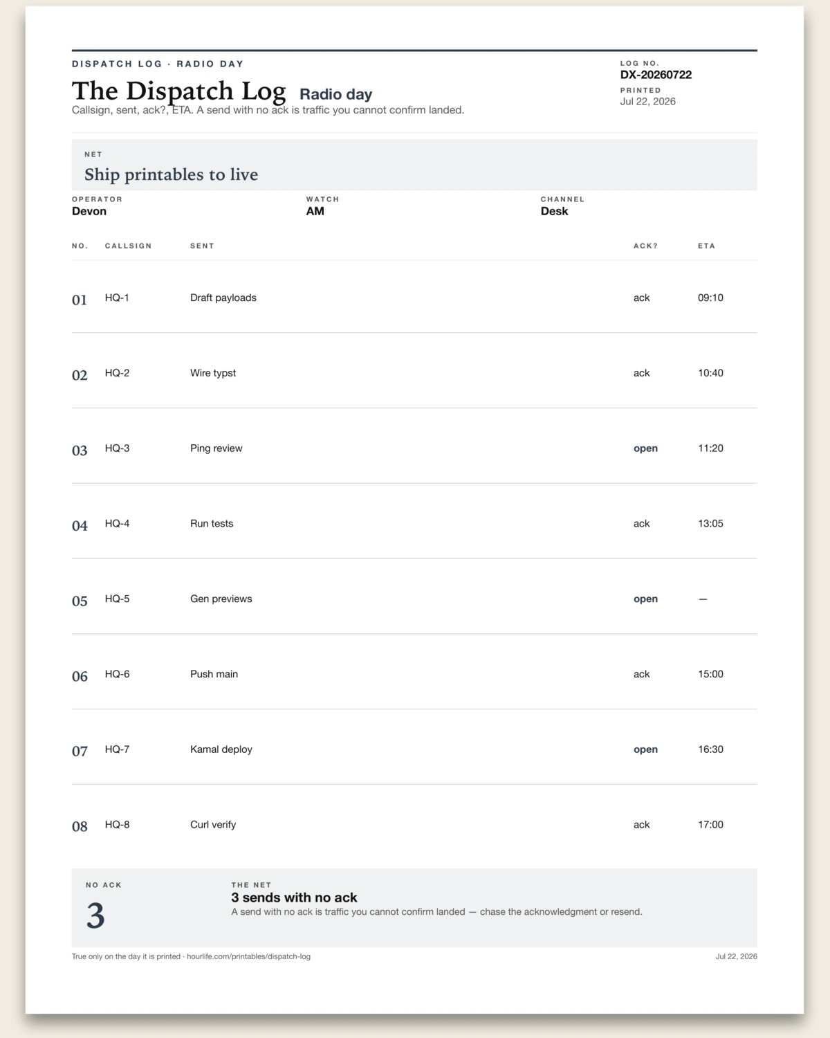 The Dispatch Log filled example preview