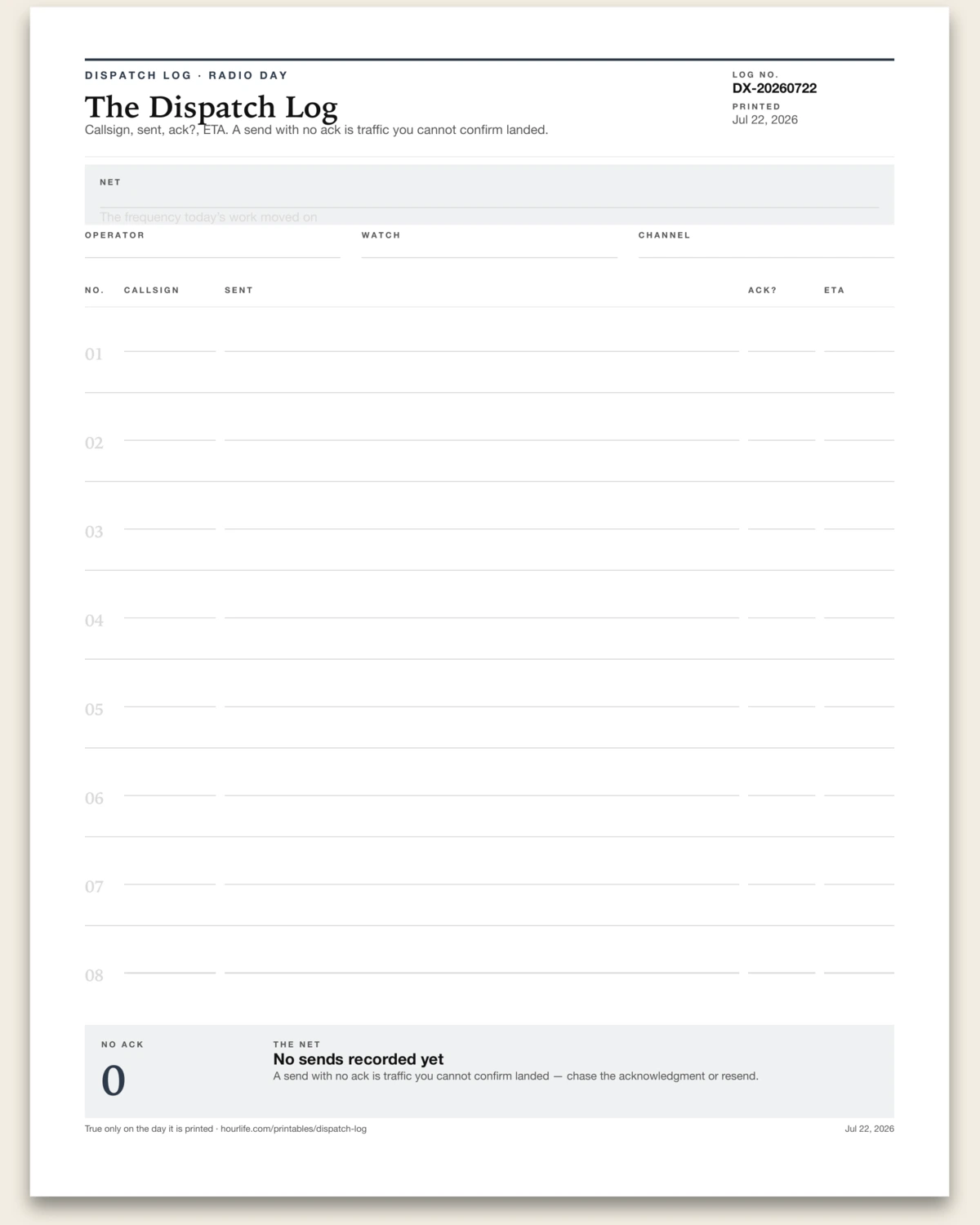 The Dispatch Log blank layout preview