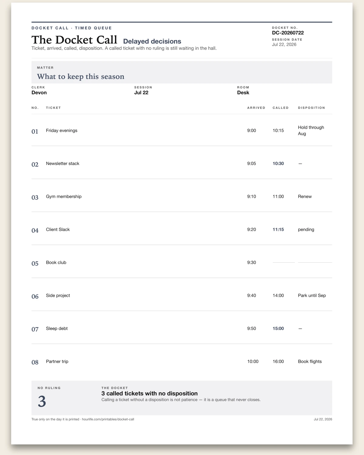 The Docket Call filled example preview