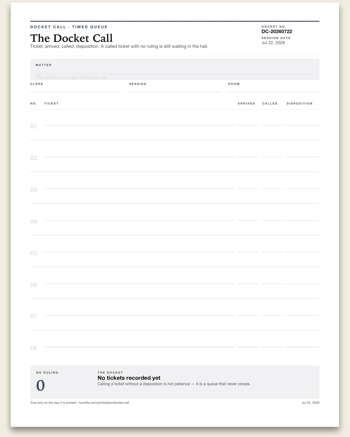 The Docket Call blank layout preview