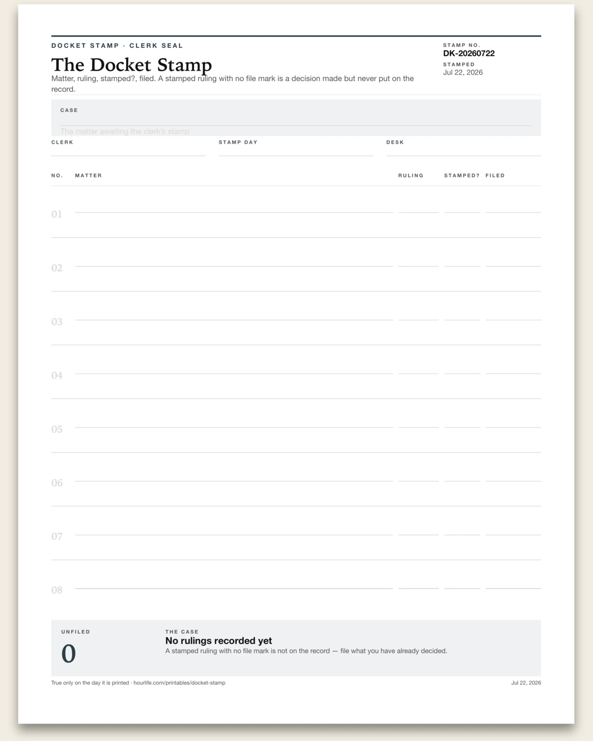 The Docket Stamp blank layout preview