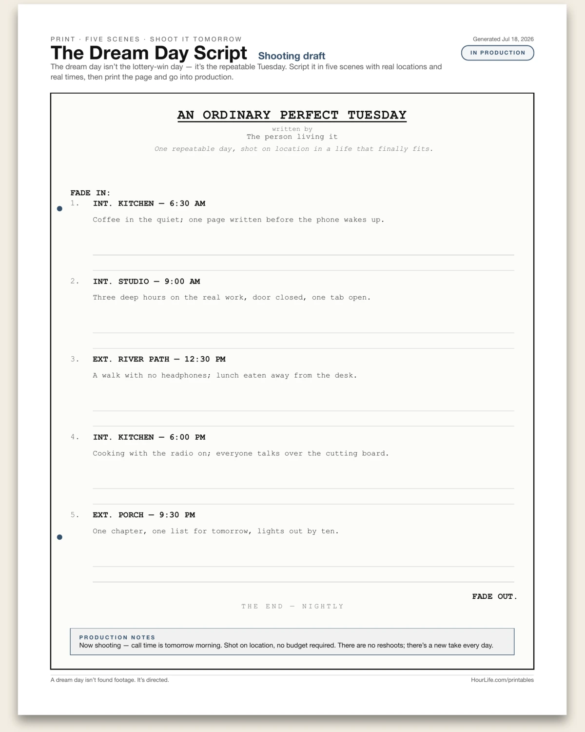 The Dream Day Script filled example preview