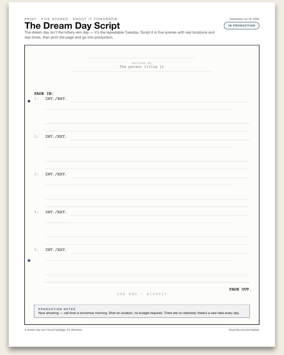 The Dream Day Script blank layout preview