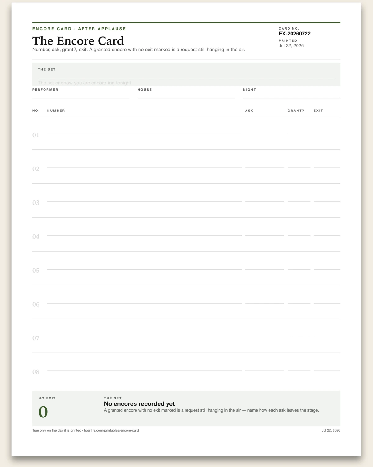 The Encore Card blank layout preview