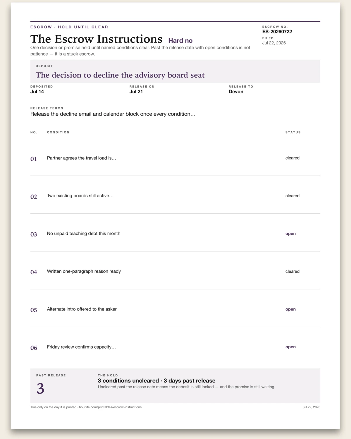 The Escrow Instructions filled example preview