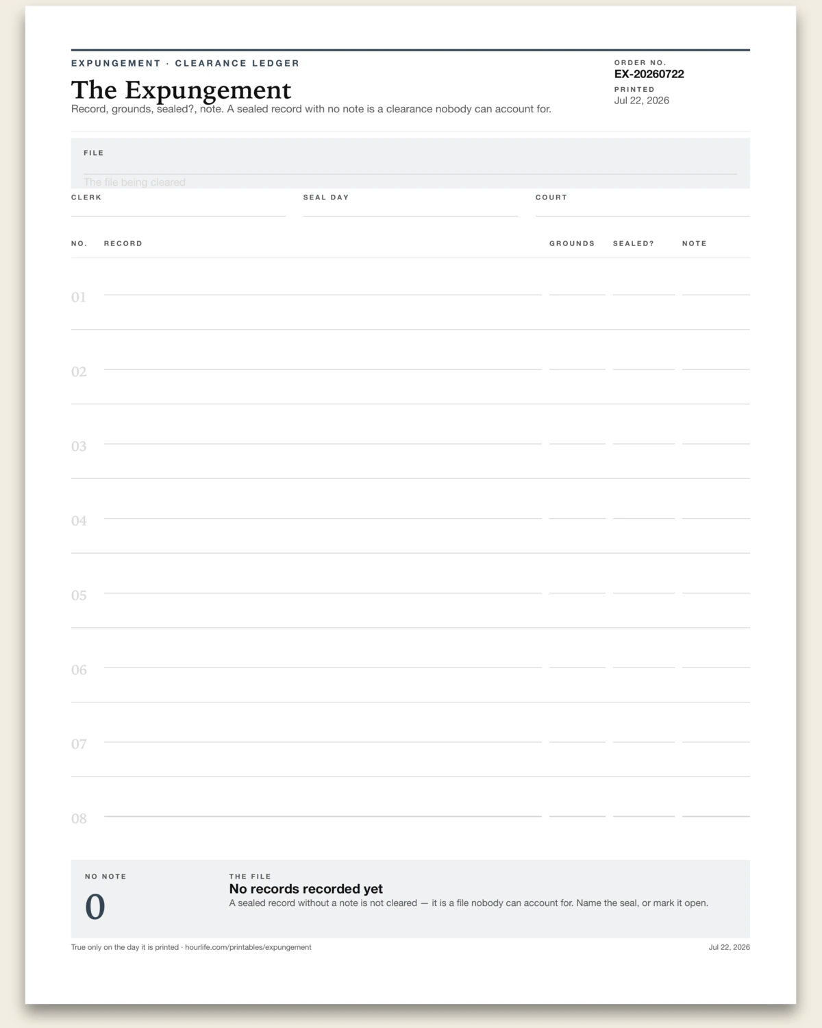The Expungement blank layout preview