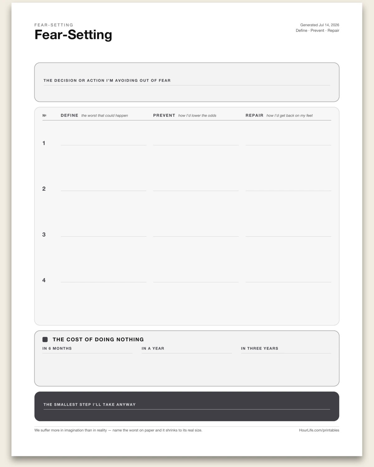 Fear-Setting blank layout preview