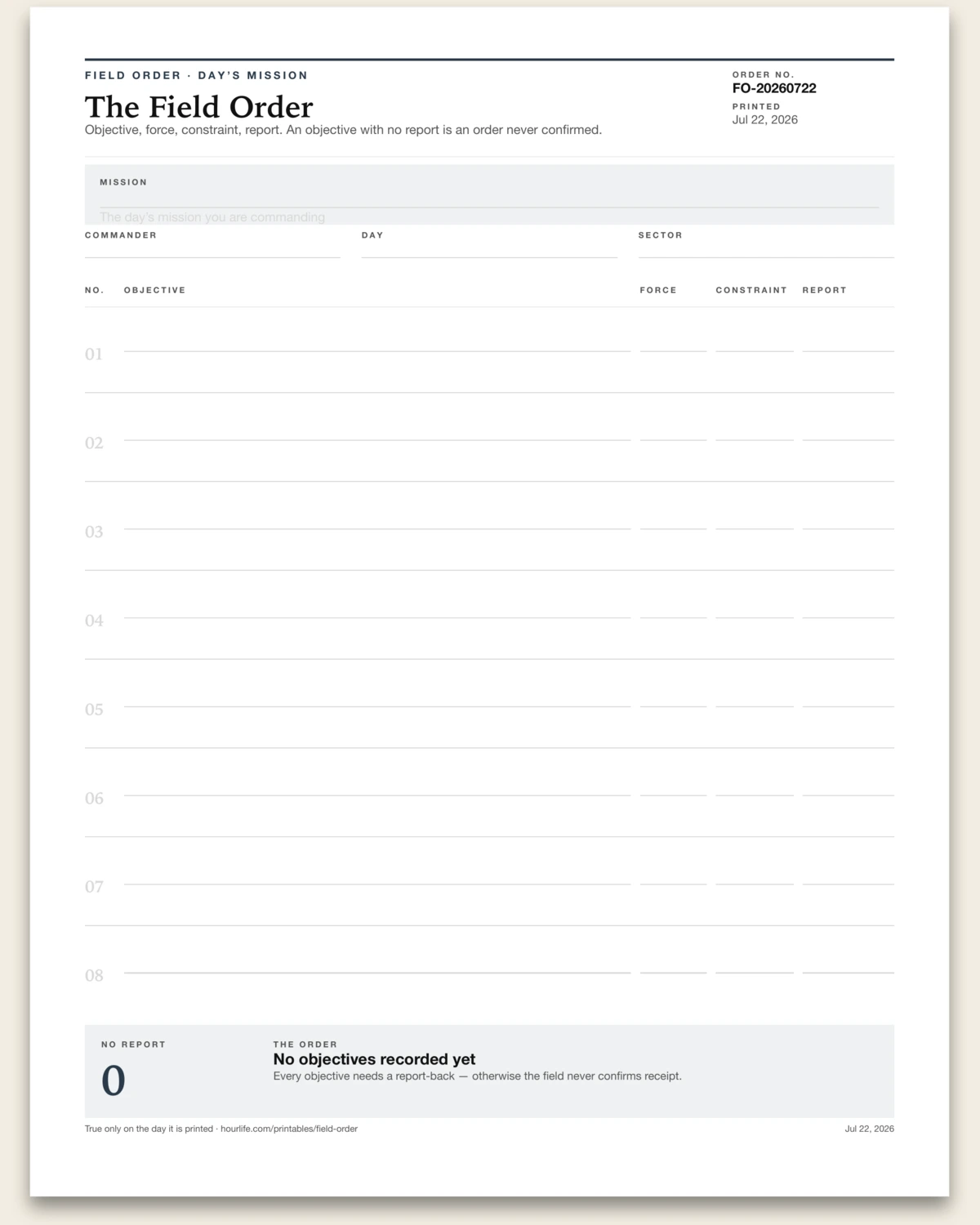 The Field Order blank layout preview