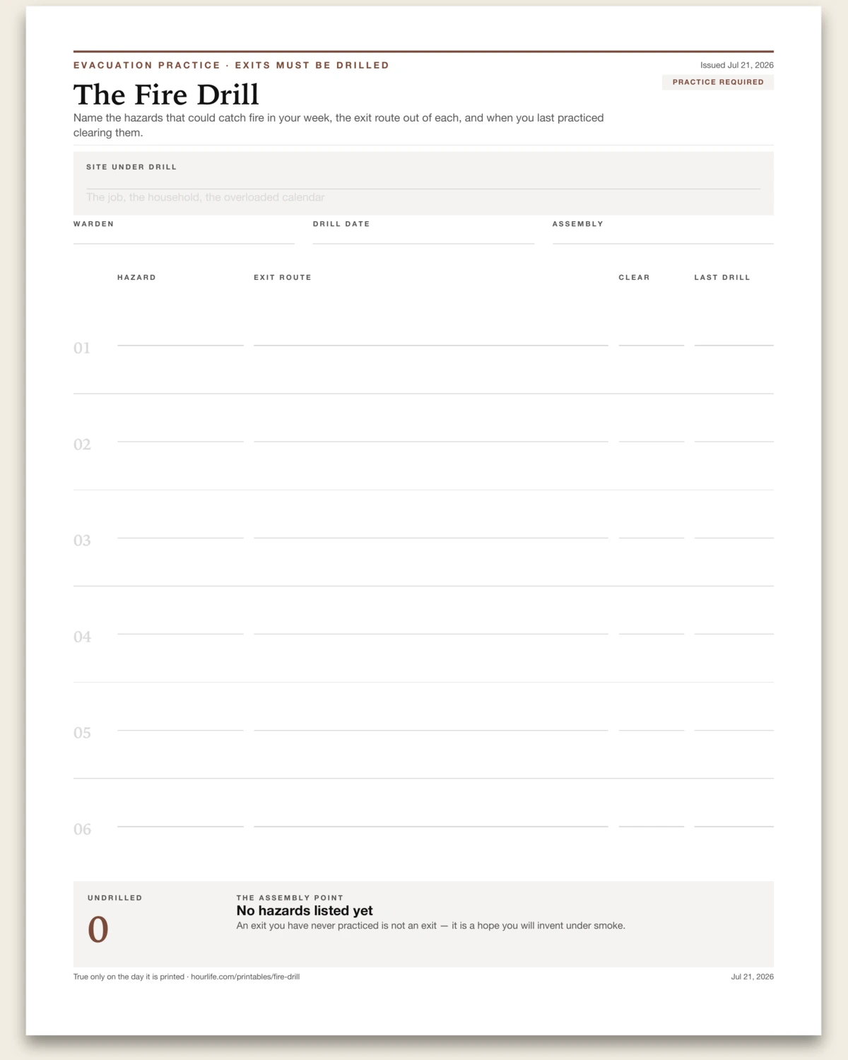 The Fire Drill blank layout preview